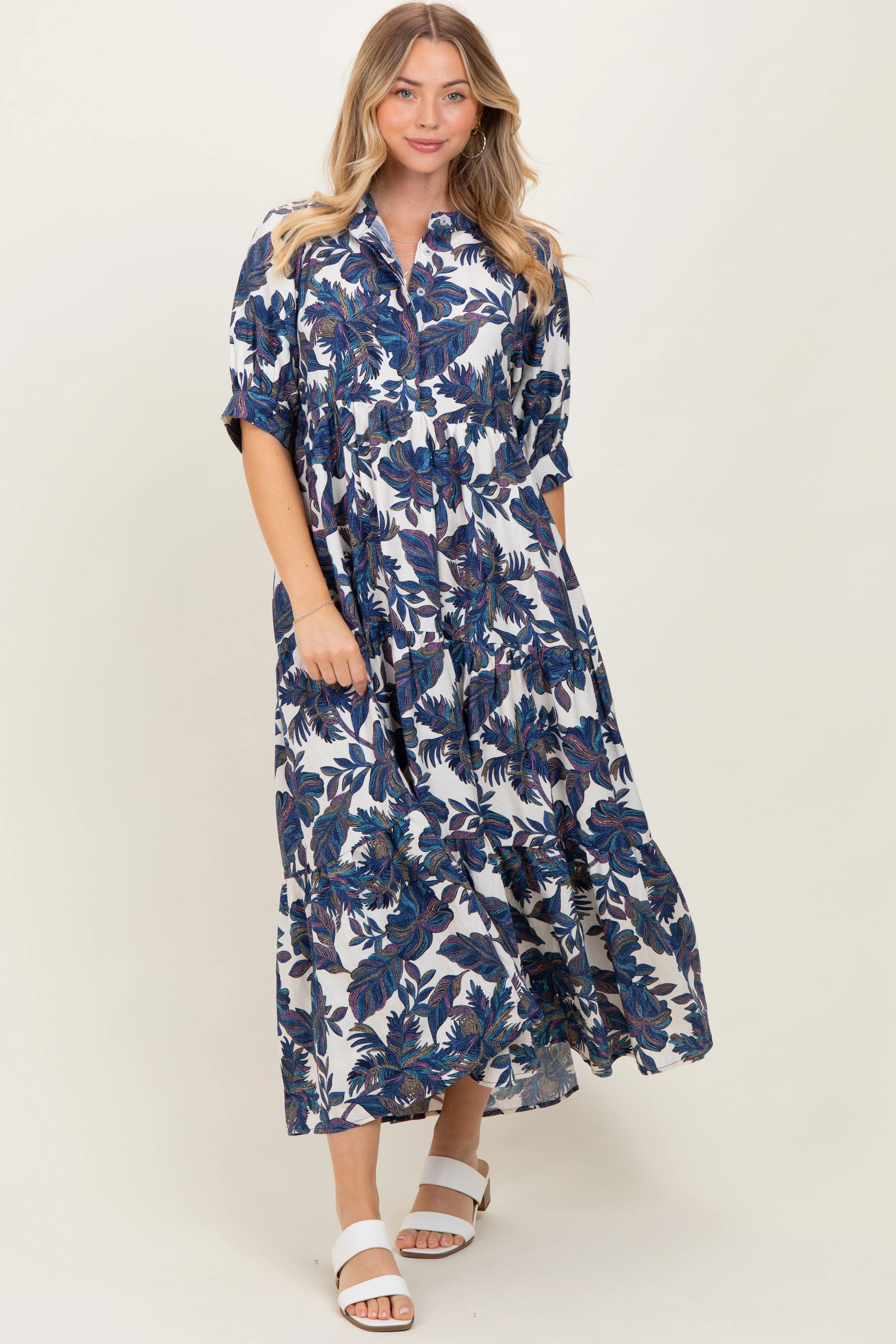 Navy Leaf Print Tiered Maternity Midi Dress - Image 5