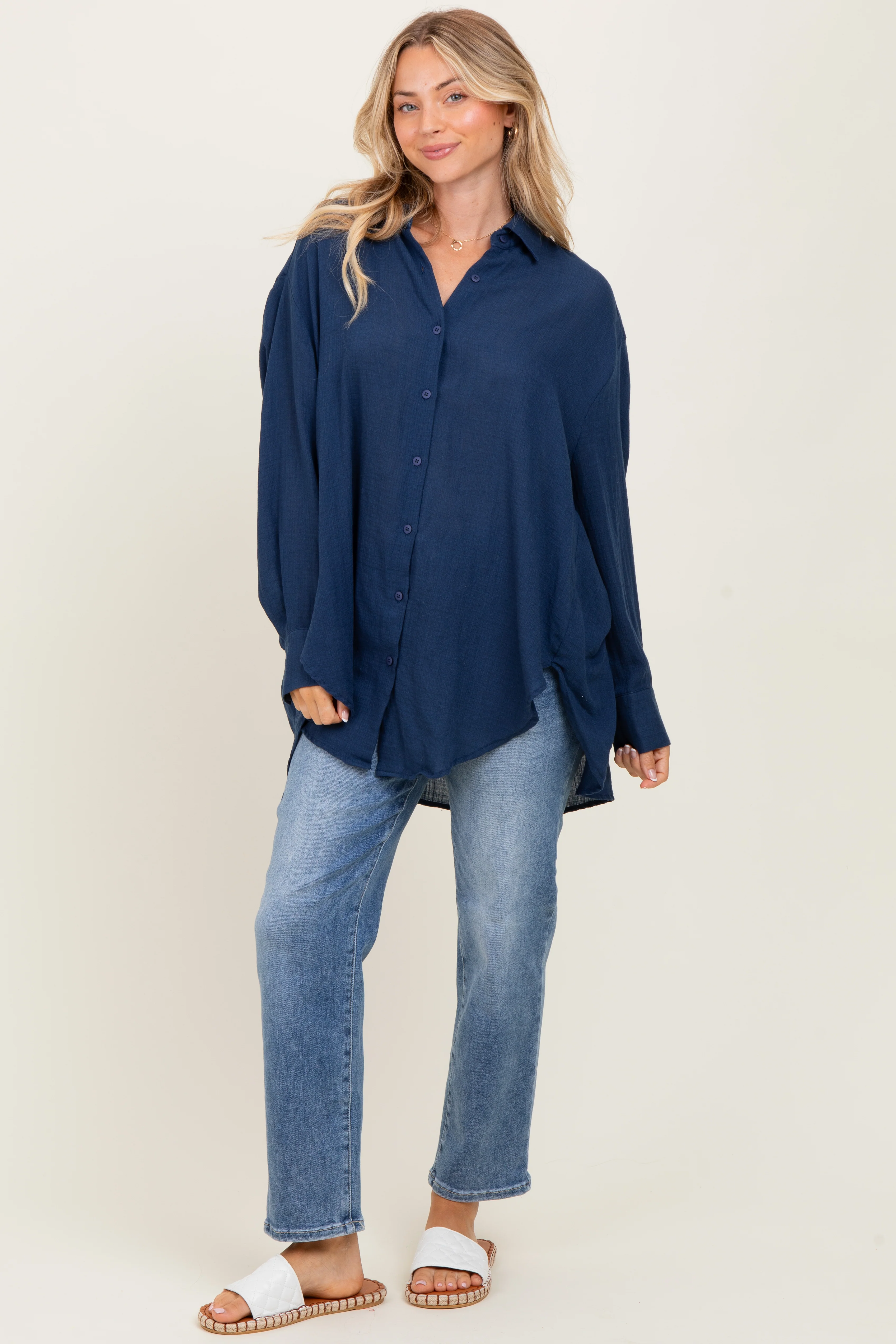 Navy Lightweight Sheer Button Down Blouse - Image 2
