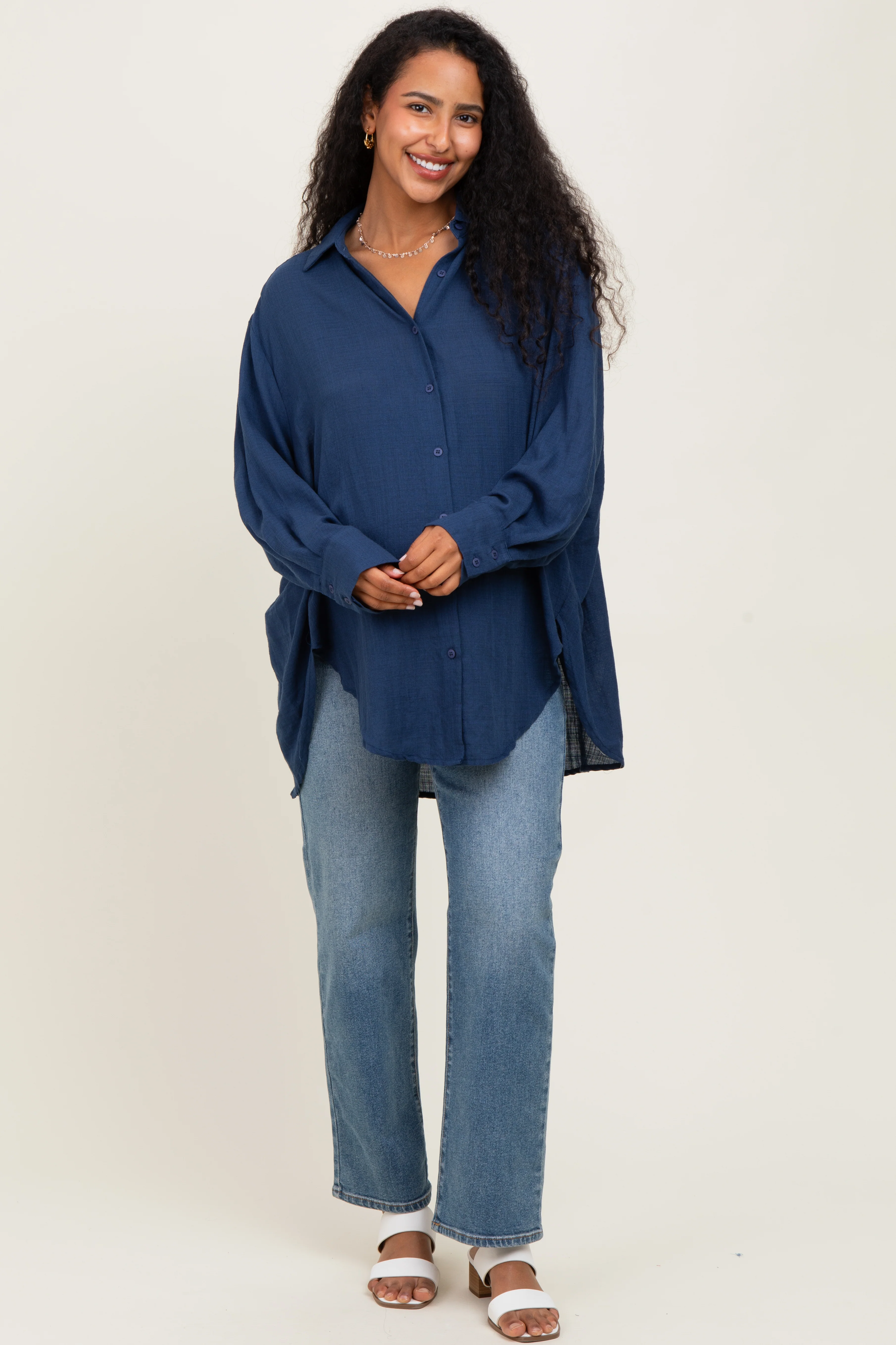 Navy Lightweight Sheer Button Down Maternity Blouse - Image 3