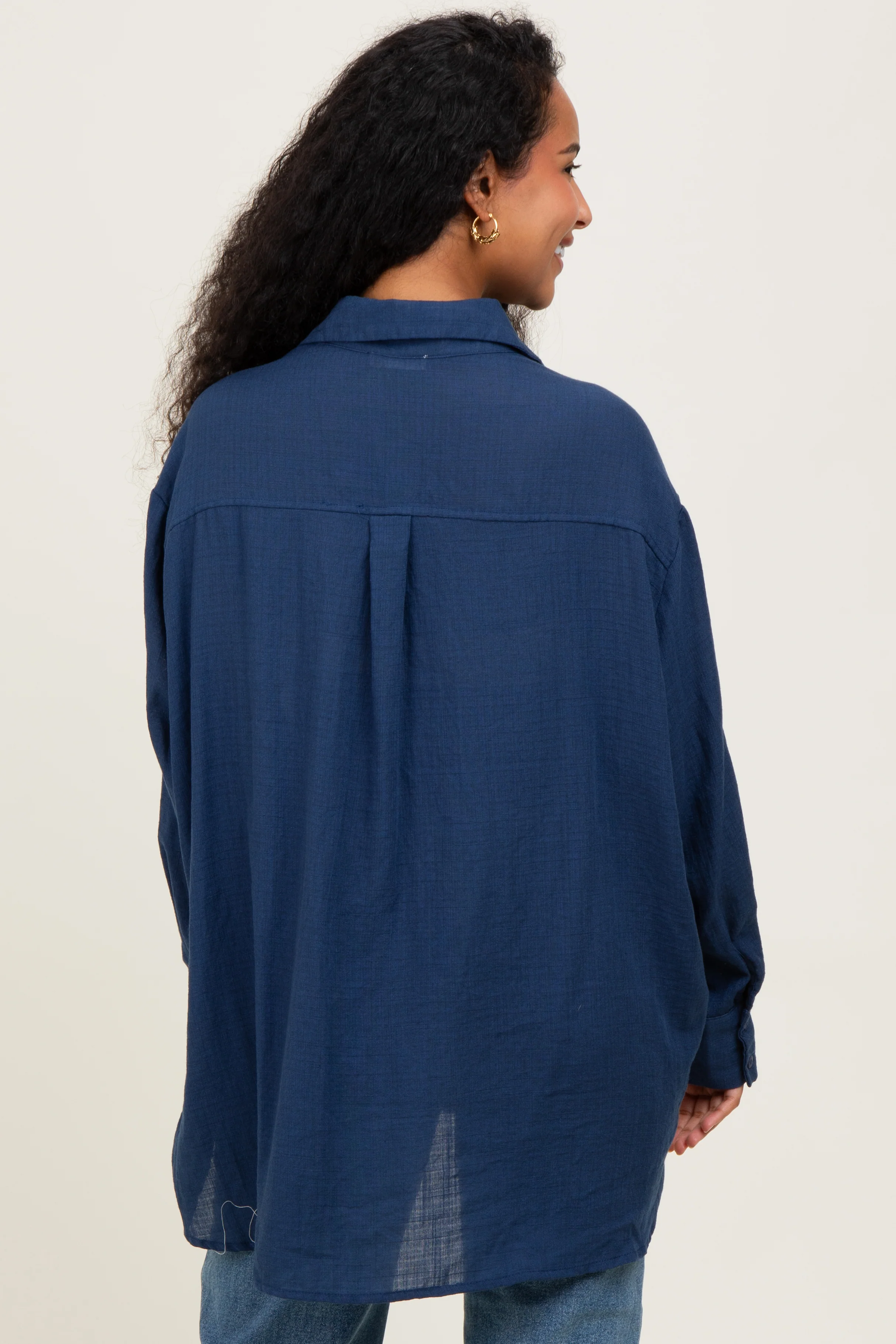 Navy Lightweight Sheer Button Down Maternity Blouse - Image 4