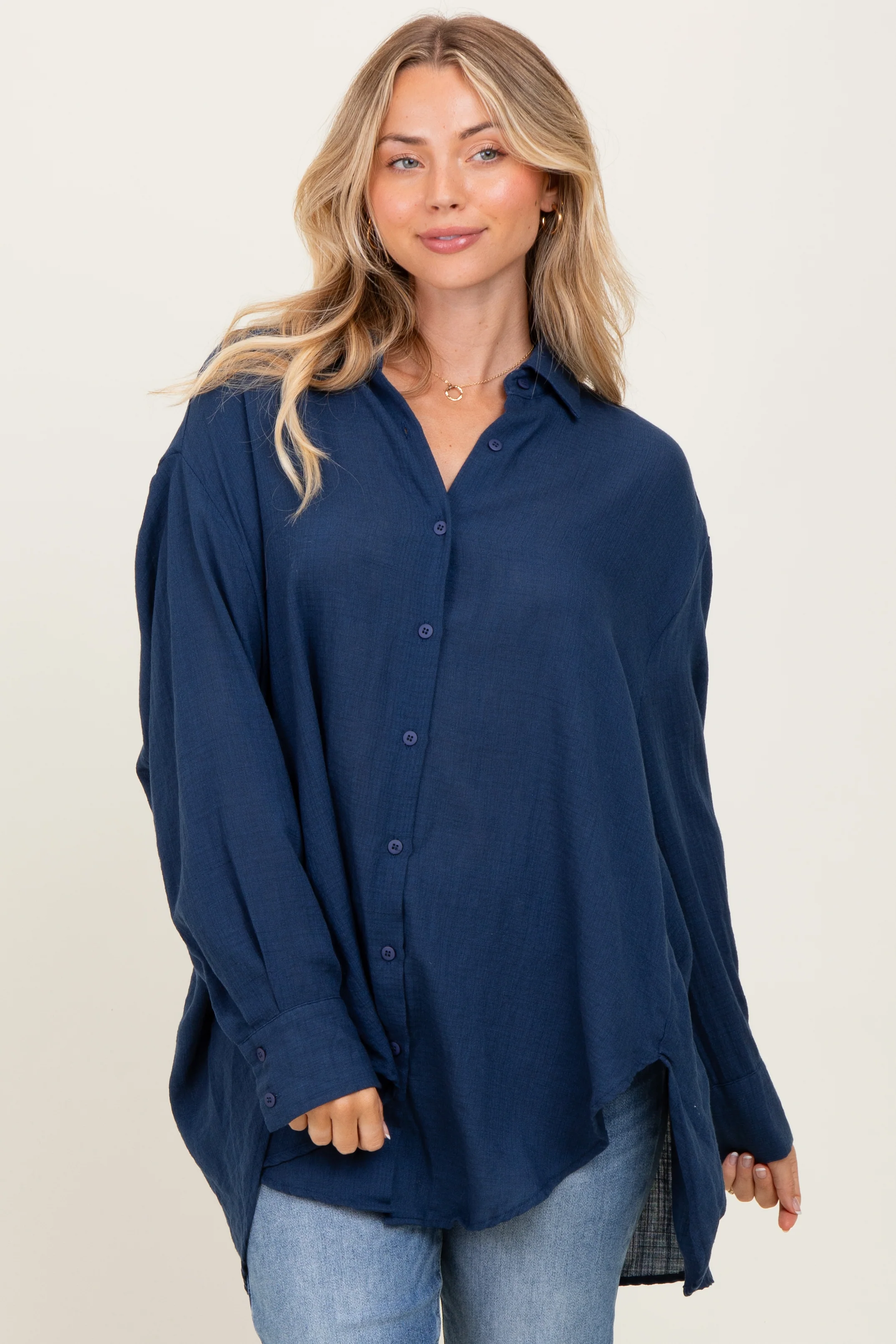 Navy Lightweight Sheer Button Down Maternity Blouse - Image 5