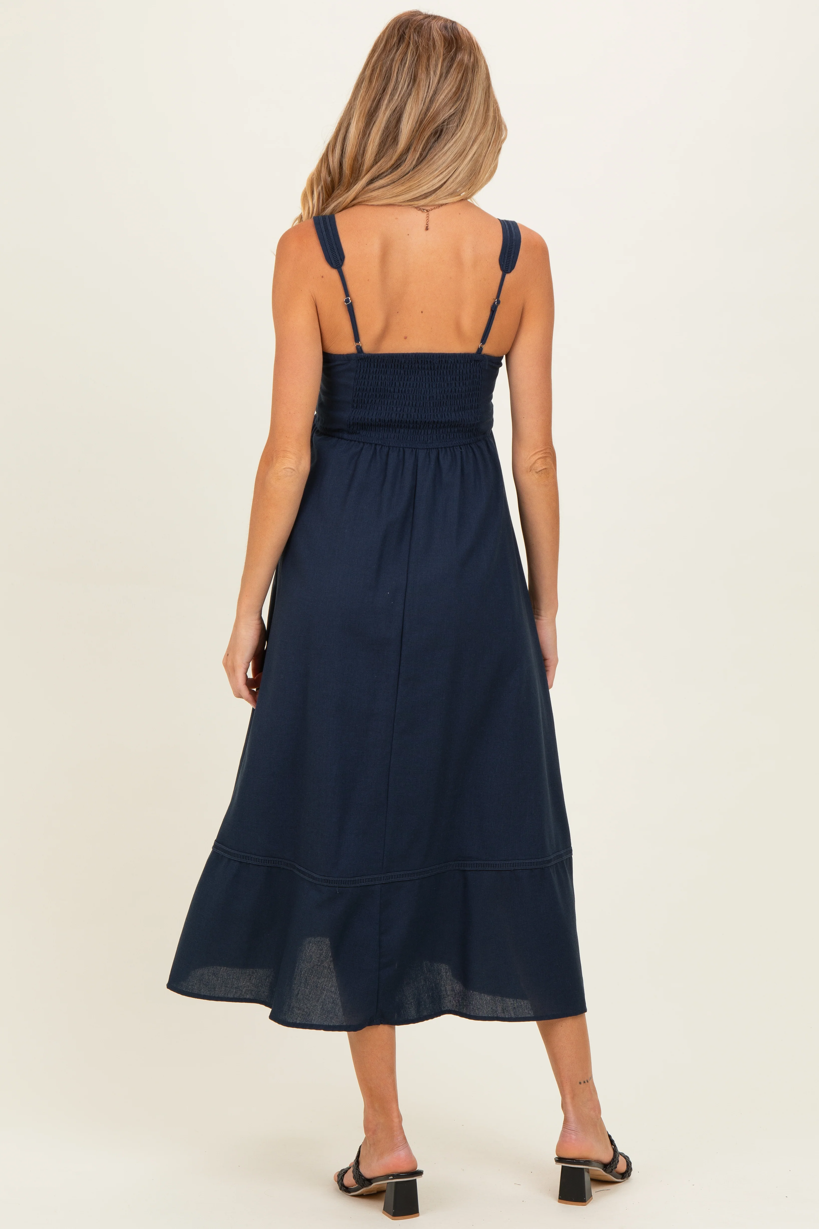 Navy Linen Blend Sleeveless Maternity Midi Dress - Image 3