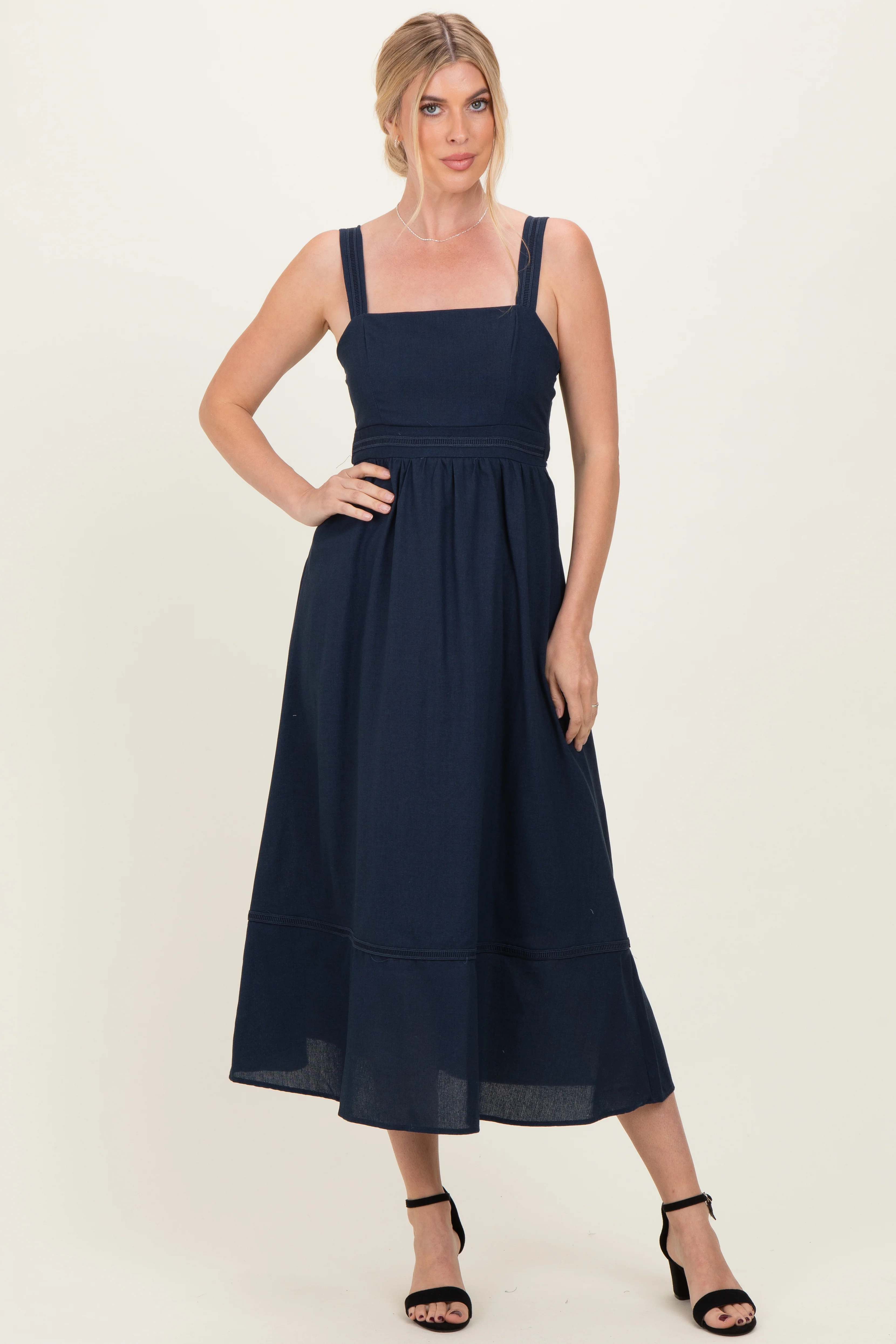 Navy Linen Blend Sleeveless Maternity Midi Dress - Image 4