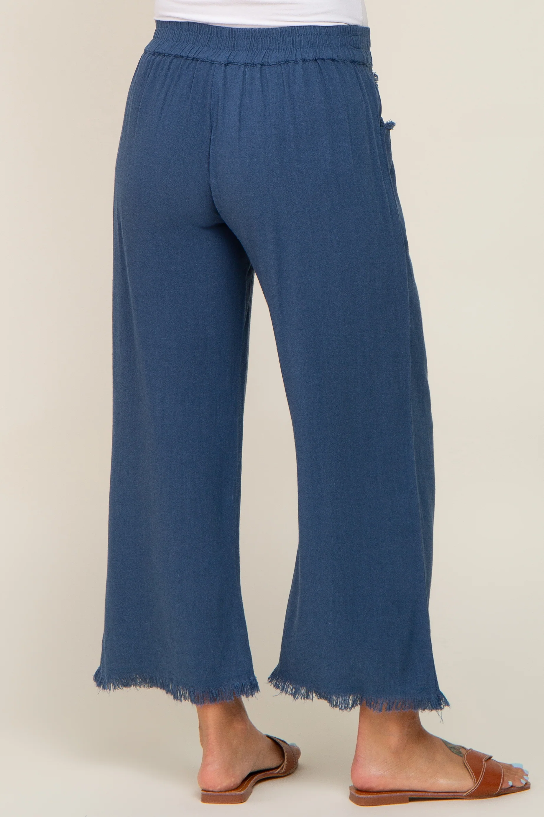 Navy Linen Frayed Hem Crop Maternity Pants - Image 4