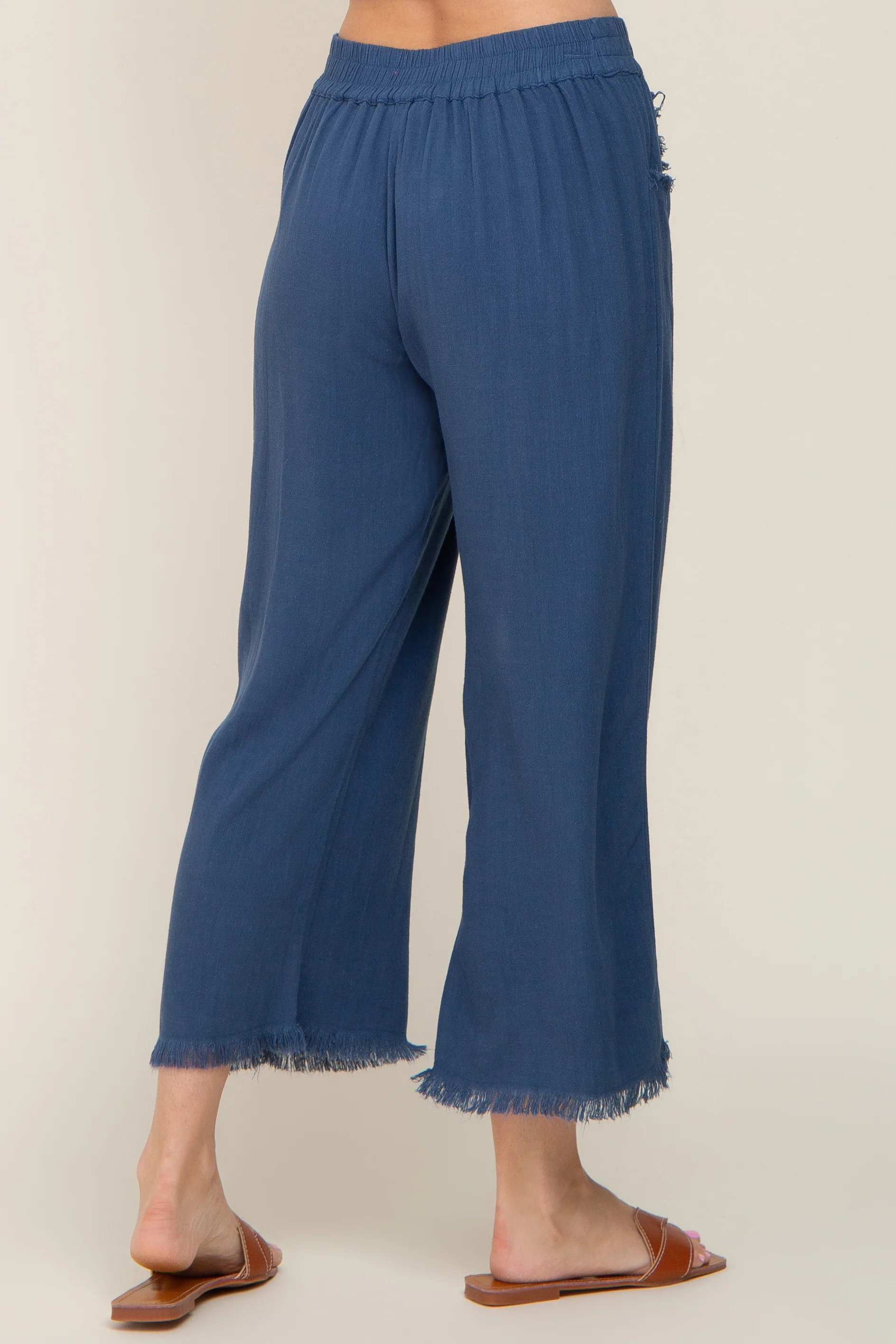 Navy Linen Frayed Hem Crop Pants - Image 4