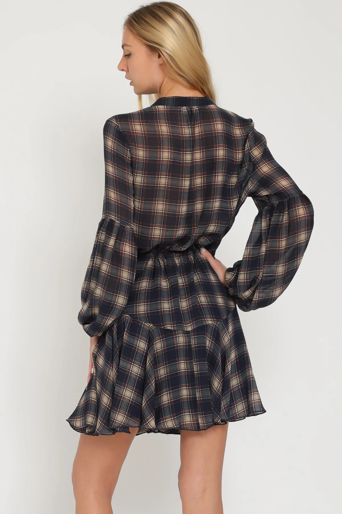 Navy Long Sleeve Button Down Tie Front Waist Mini Dress - Image 3