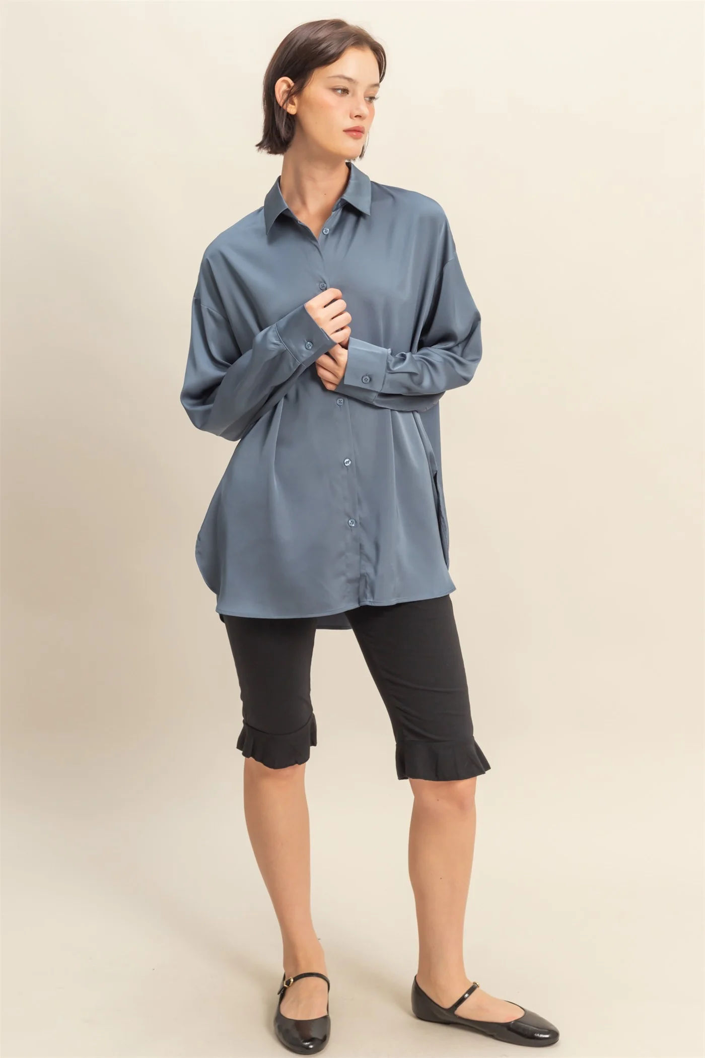 Navy Long Sleeve Oversized Satin Maternity Shirt - Image 4