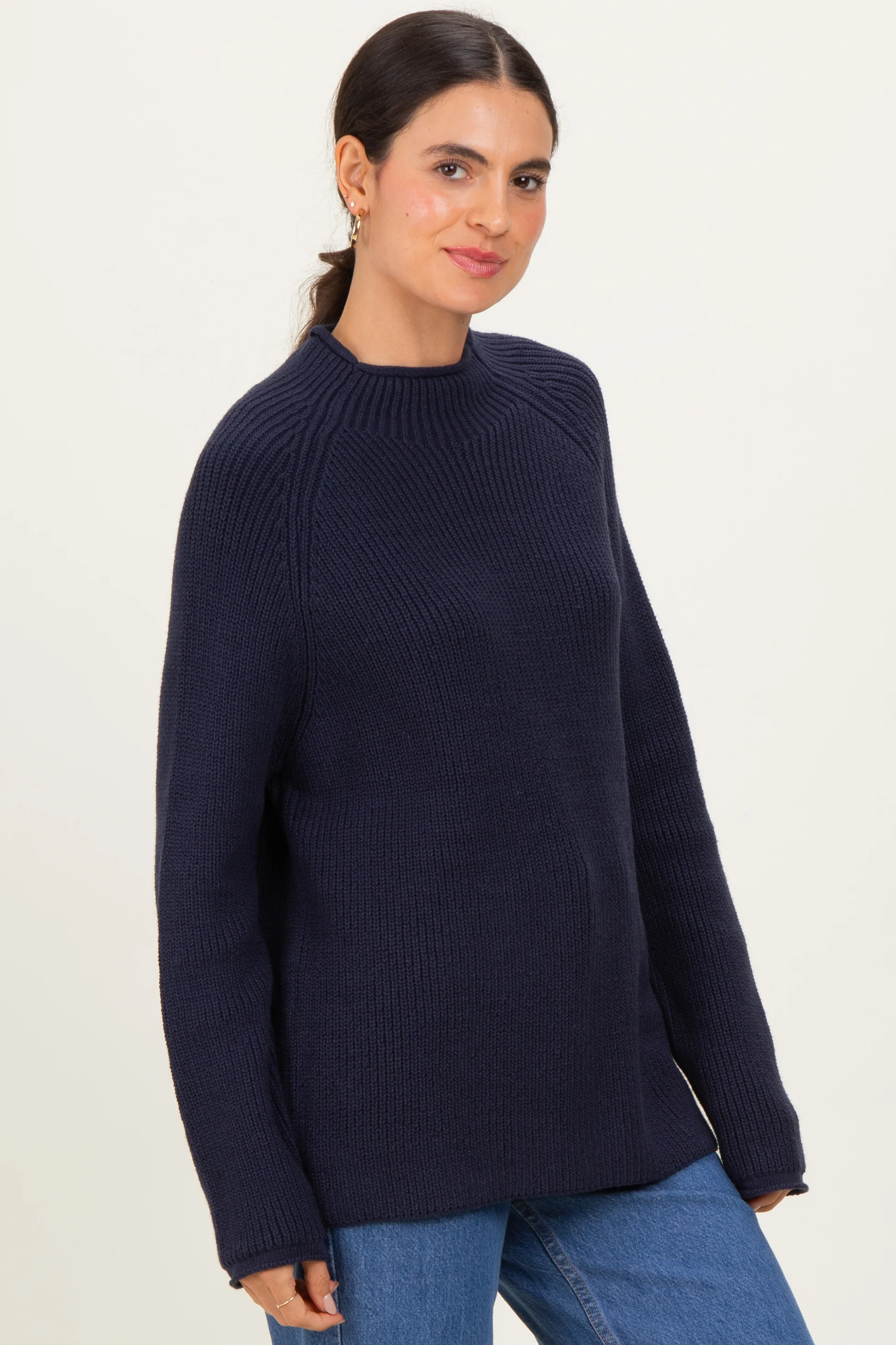 Navy Mock Neck Ribbed Knit Basic Sweater Top - Image 3