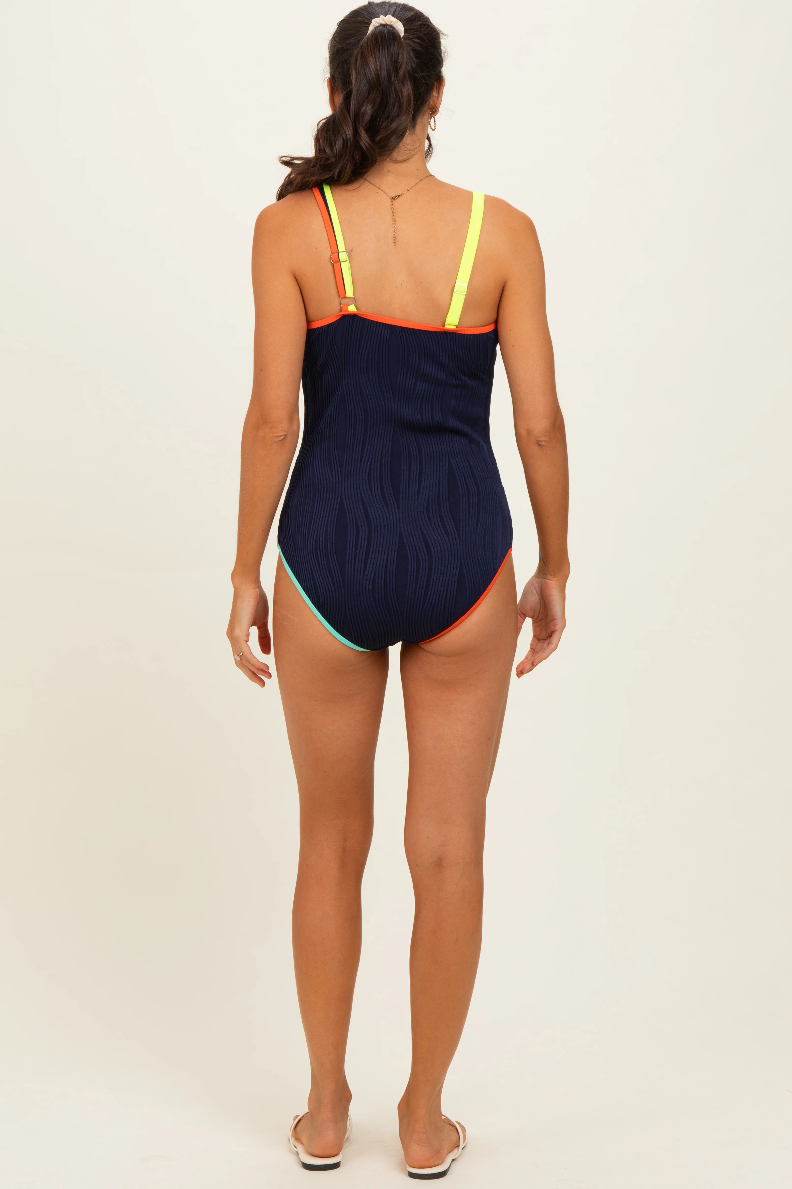 Navy Multicolor Trim One Shoulder One Piece Swimsuit - Image 4