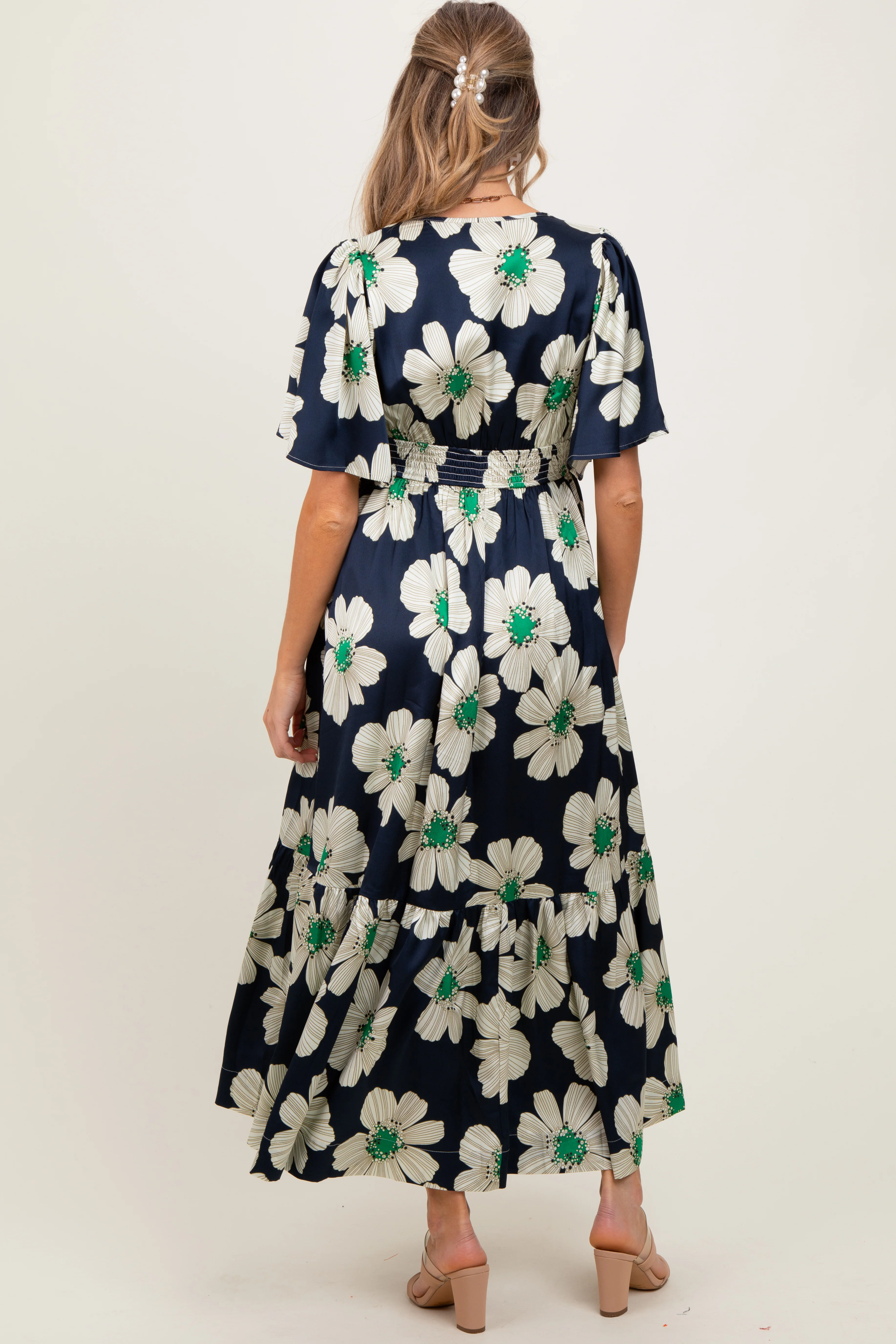 Navy Notched Collar Floral Button Down Maternity Maxi Dress - Image 3