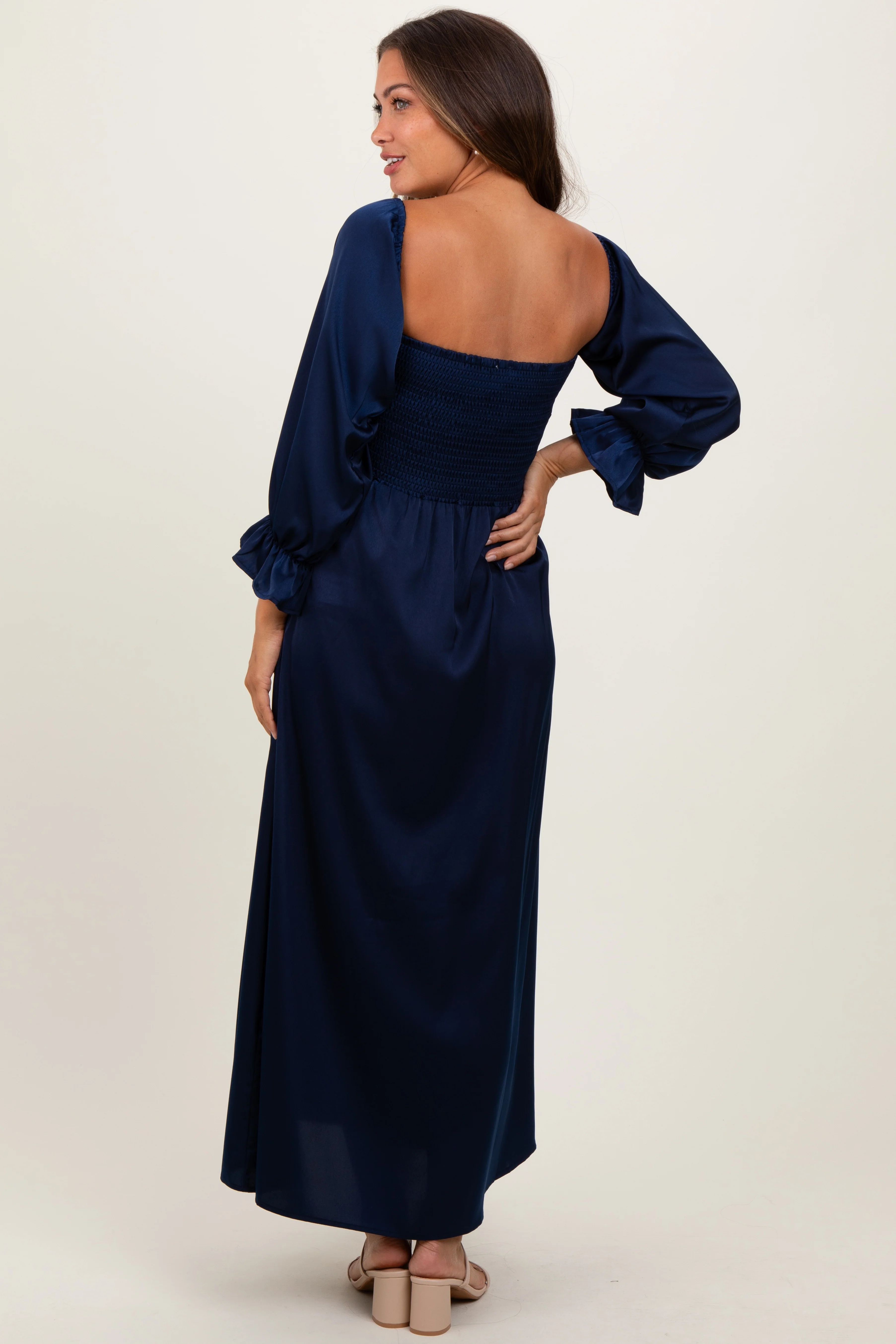 Navy Off Shoulder Satin Pleated Bodice Maternity Maxi Dress - Image 3