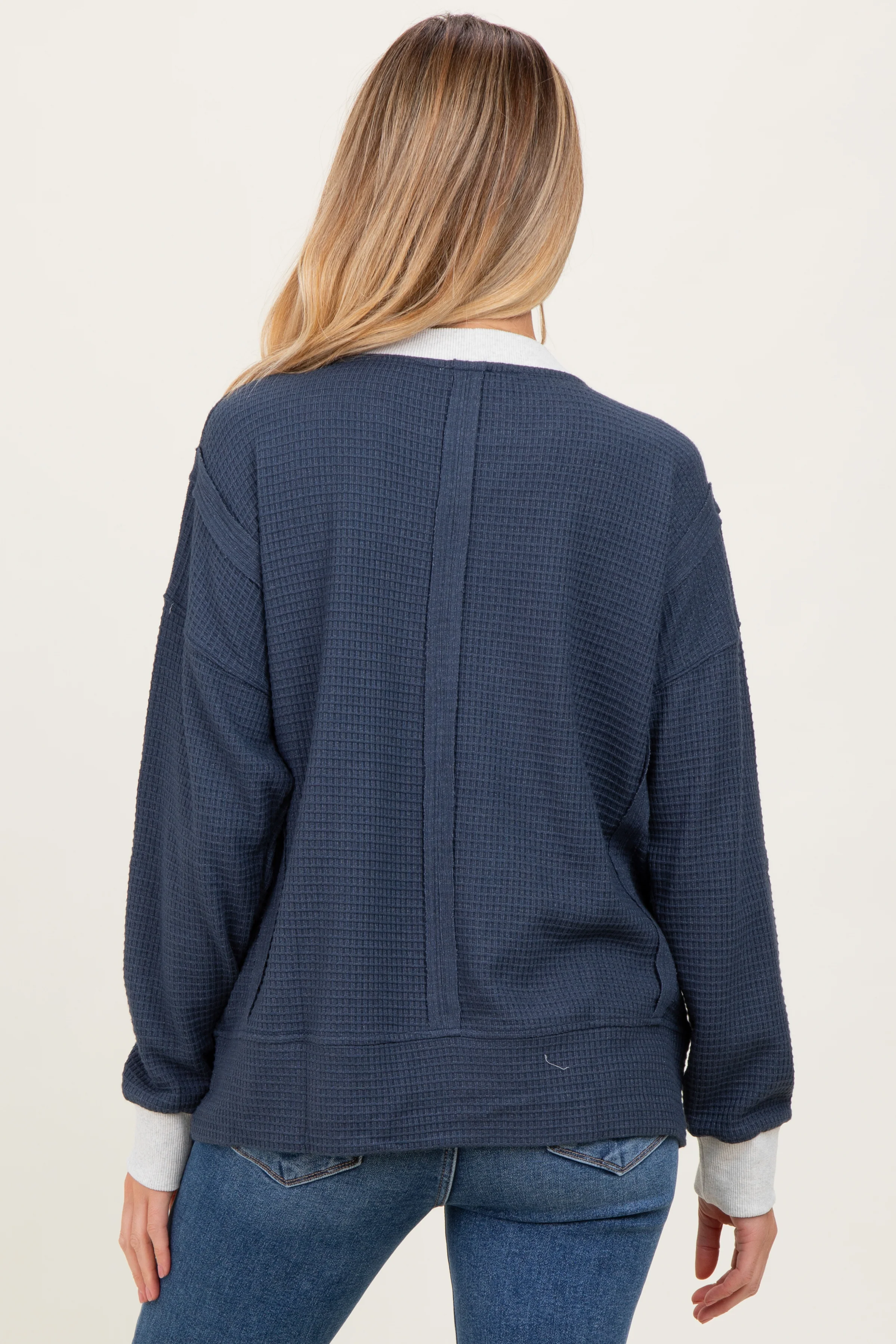 Navy Oversized Contrast Trim Maternity Thermal Pullover - Image 3