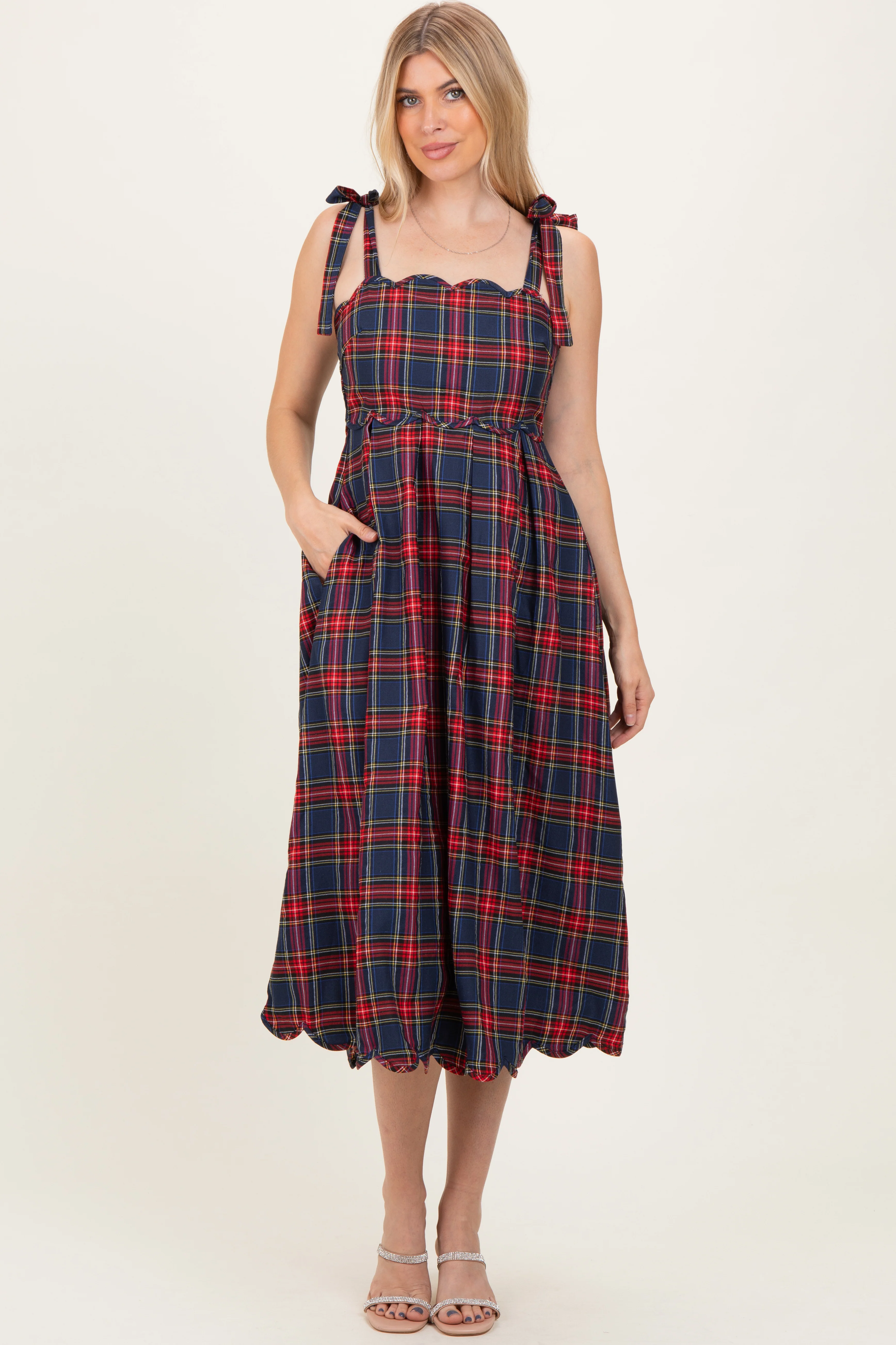 Navy Plaid Shoulder Tie Scallop Hem Midi Dress - Image 2