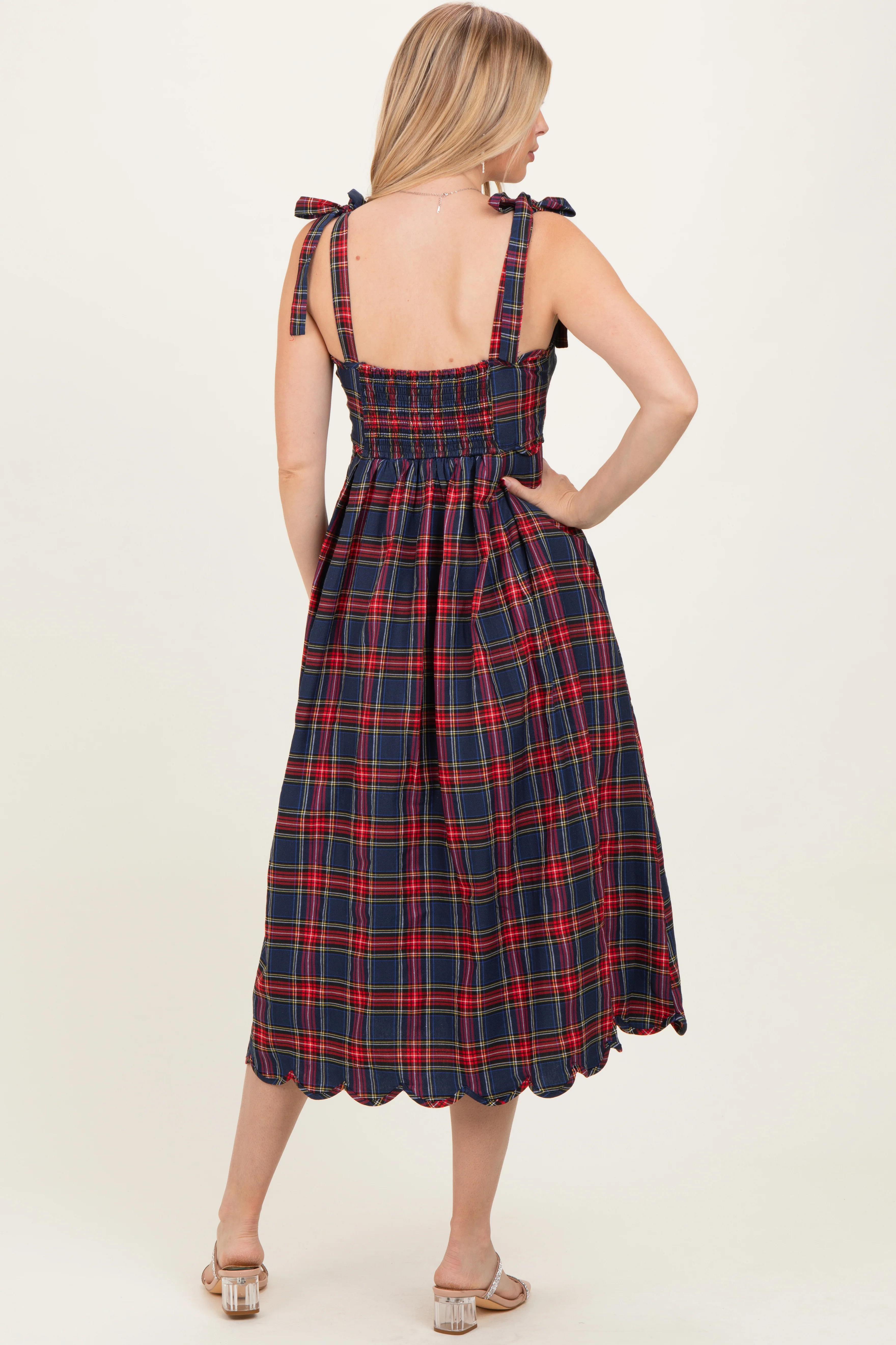 Navy Plaid Shoulder Tie Scallop Hem Midi Dress - Image 4