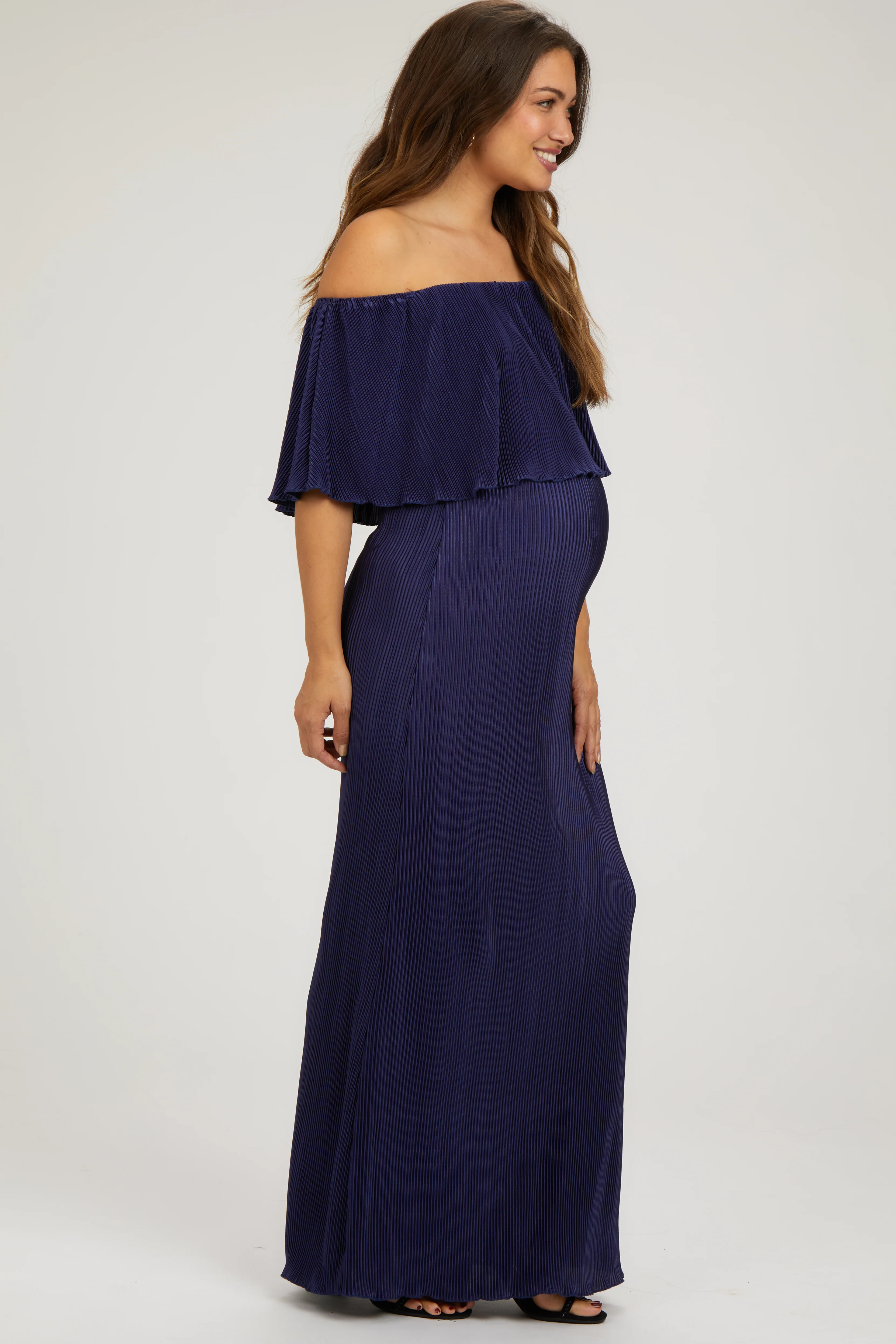 Navy Pleated Ruffle Off Shoulder Maternity Maxi Dress - Image 2