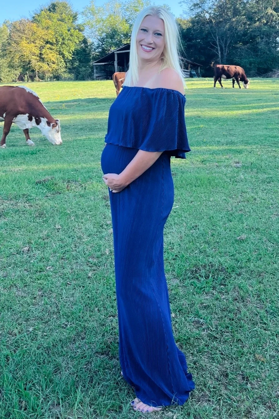 Navy Pleated Ruffle Off Shoulder Maternity Maxi Dress - Image 4