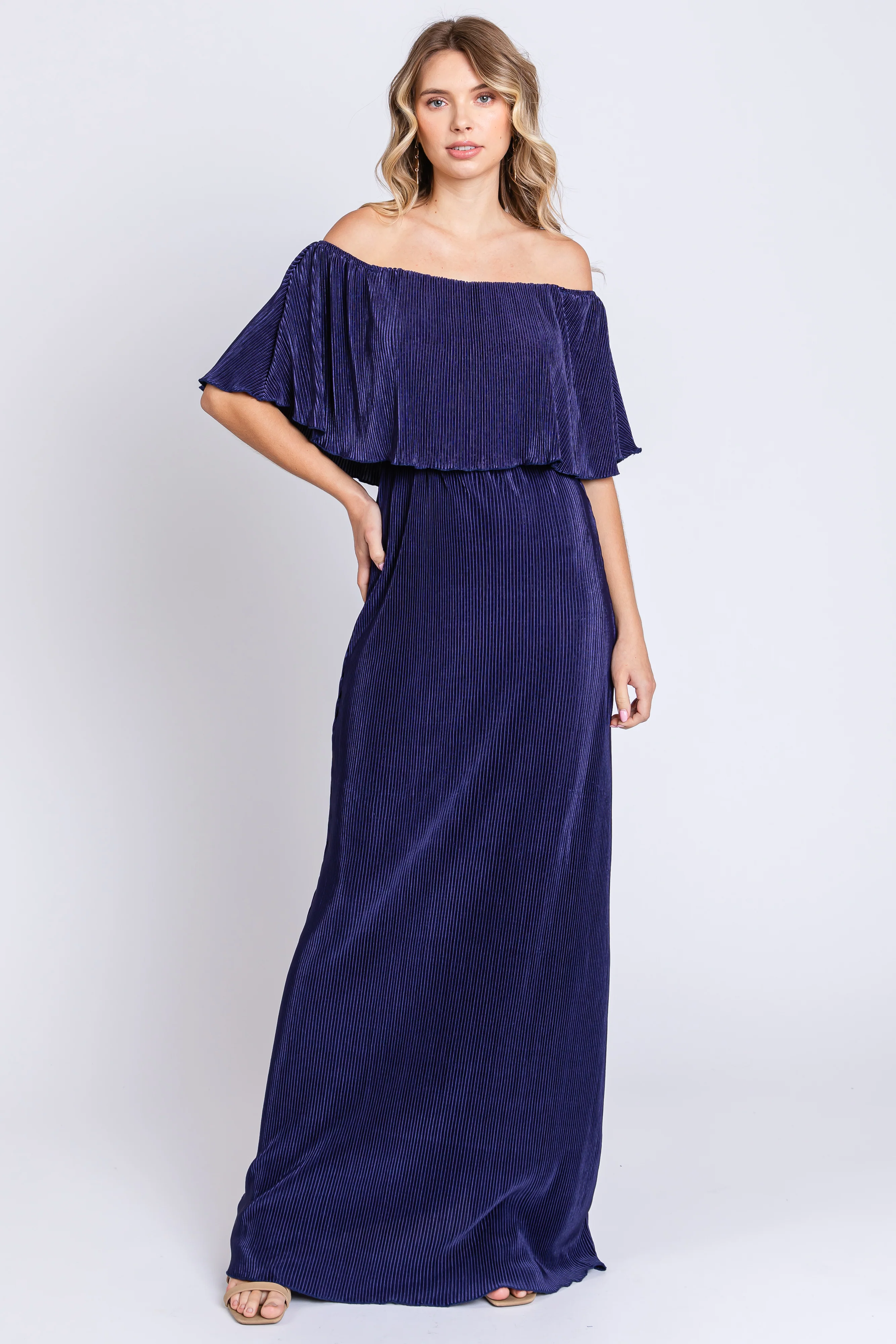 Navy Pleated Ruffle Off Shoulder Maternity Maxi Dress - Image 5