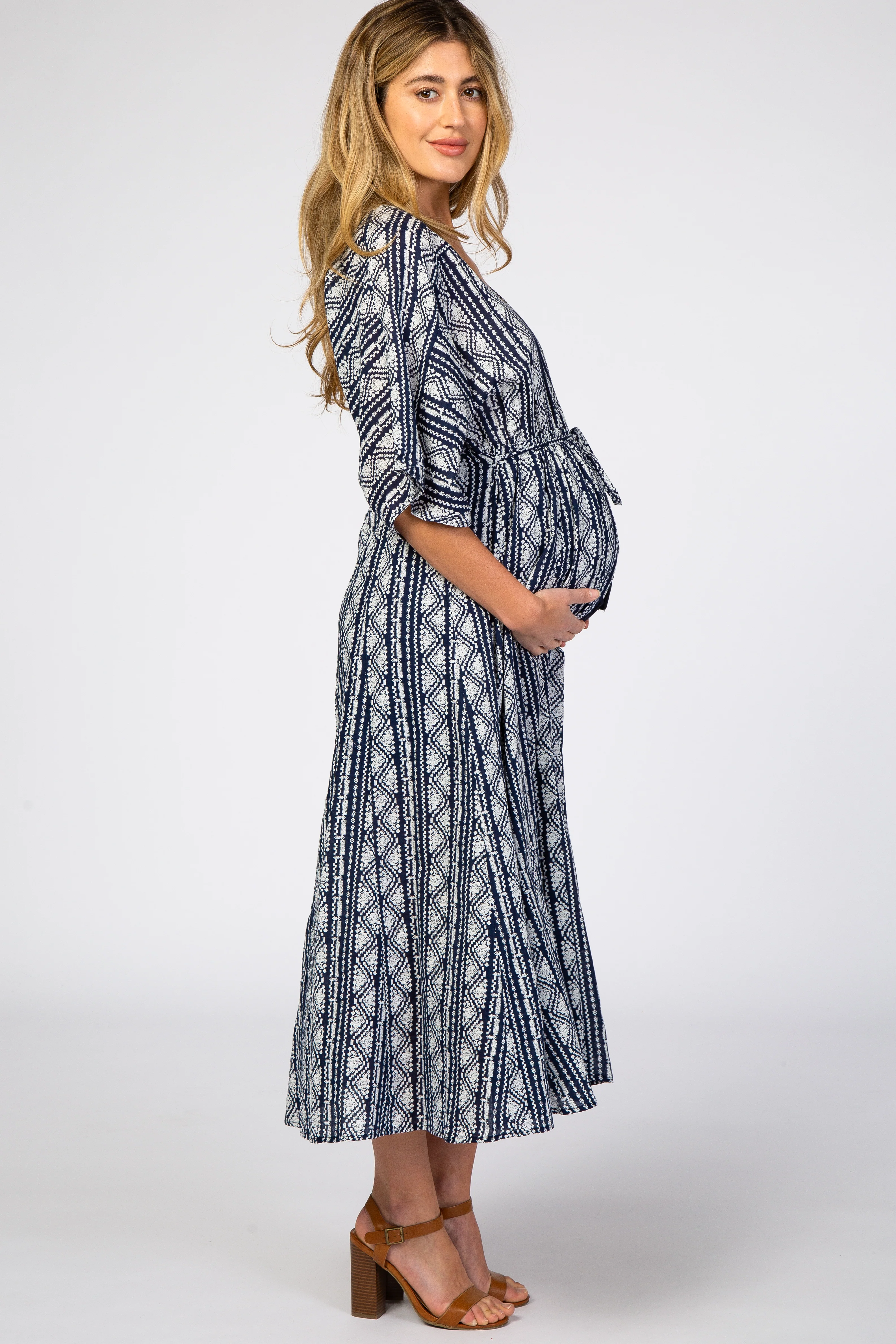Navy Printed V-Neck Maternity Midi Dress - Image 3