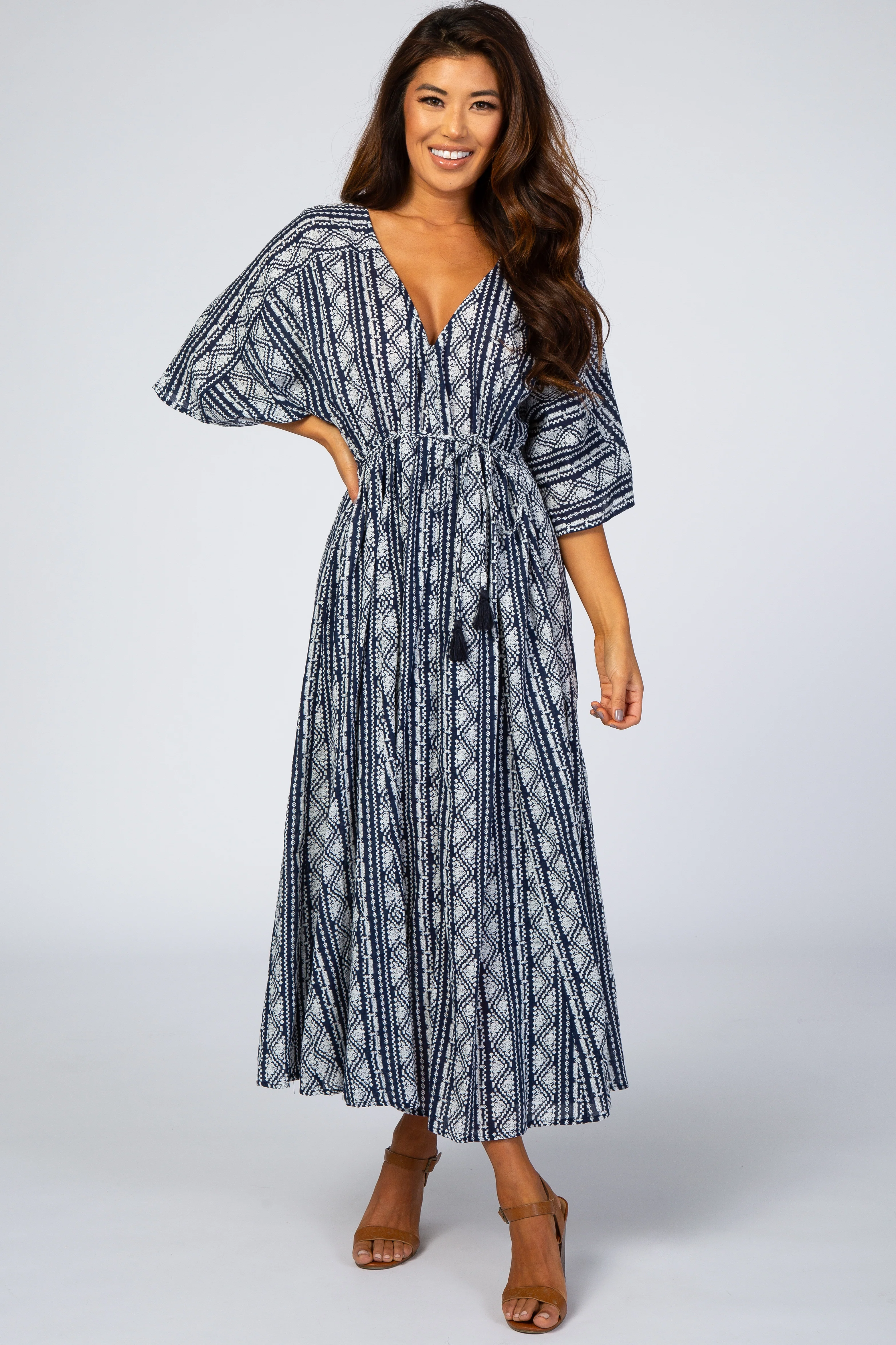 Navy Printed V-Neck Maternity Midi Dress - Image 5