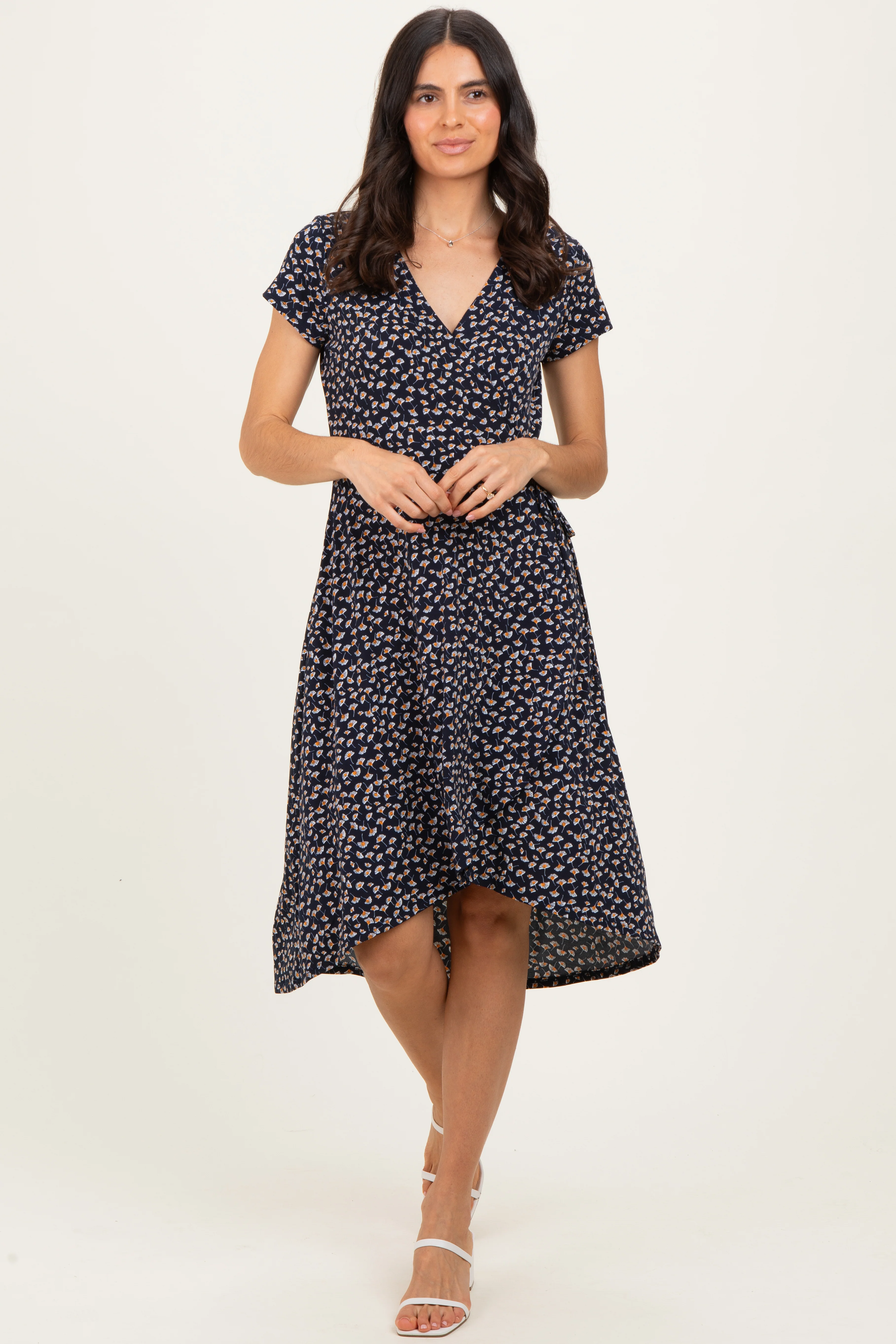 Navy Printed V-Neck Midi Wrap Dress - Image 2