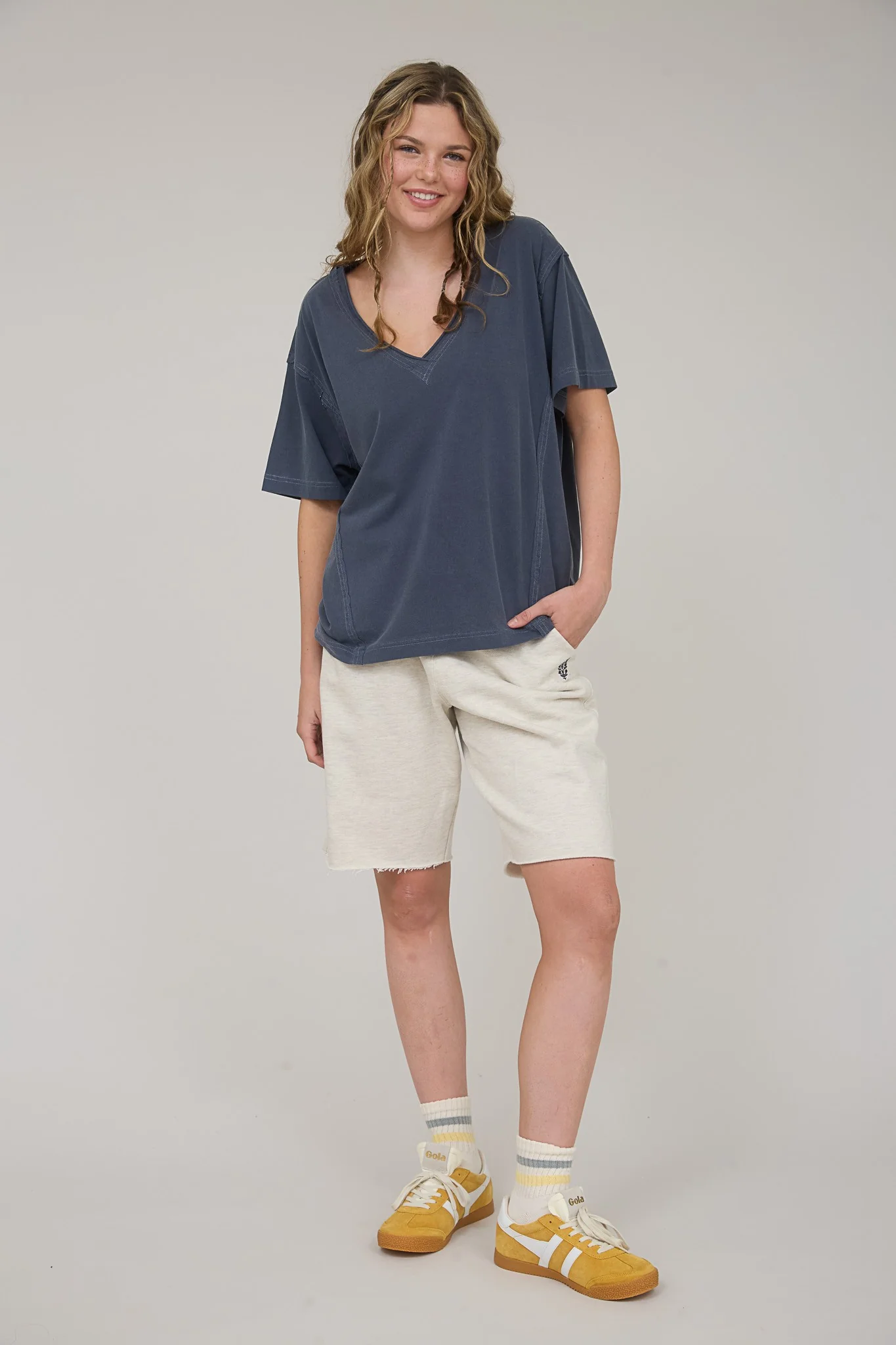 Navy Raw Edge V-Neck Short Sleeve T-Shirt - Image 5