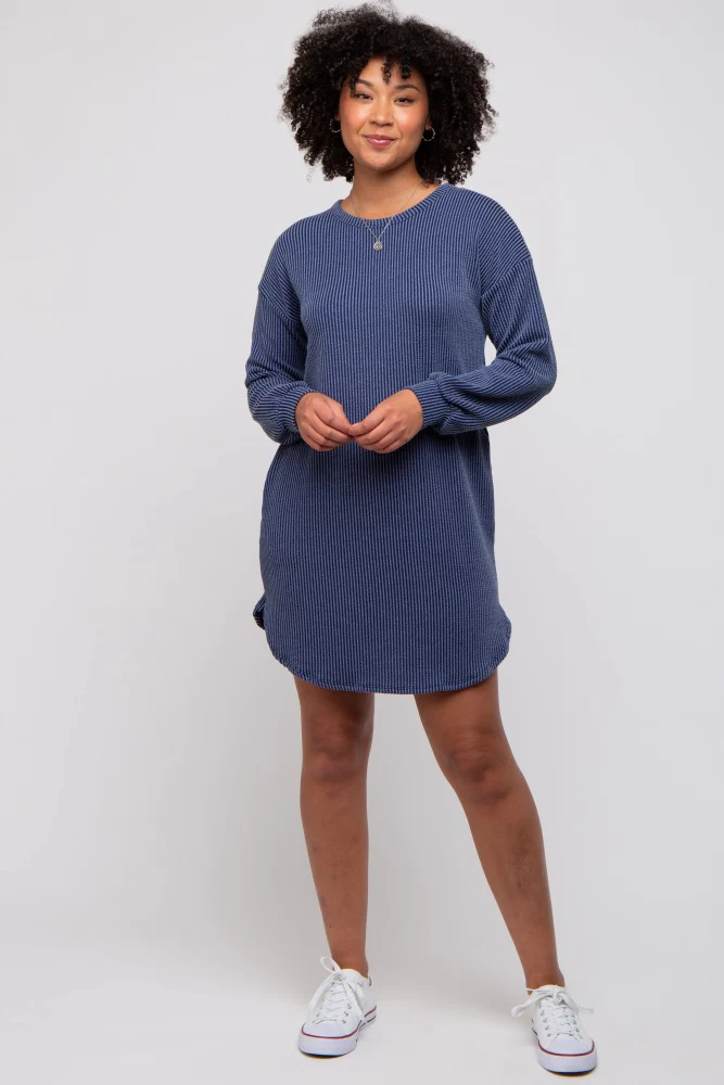 Navy Rib Knit Long Sleeve Maternity Dress - Image 7