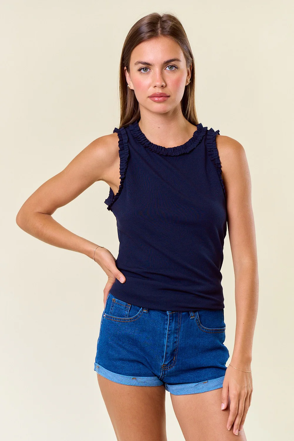 Navy Rib Knit Ruffle Trim Sleeveless Maternity Top - Image 5