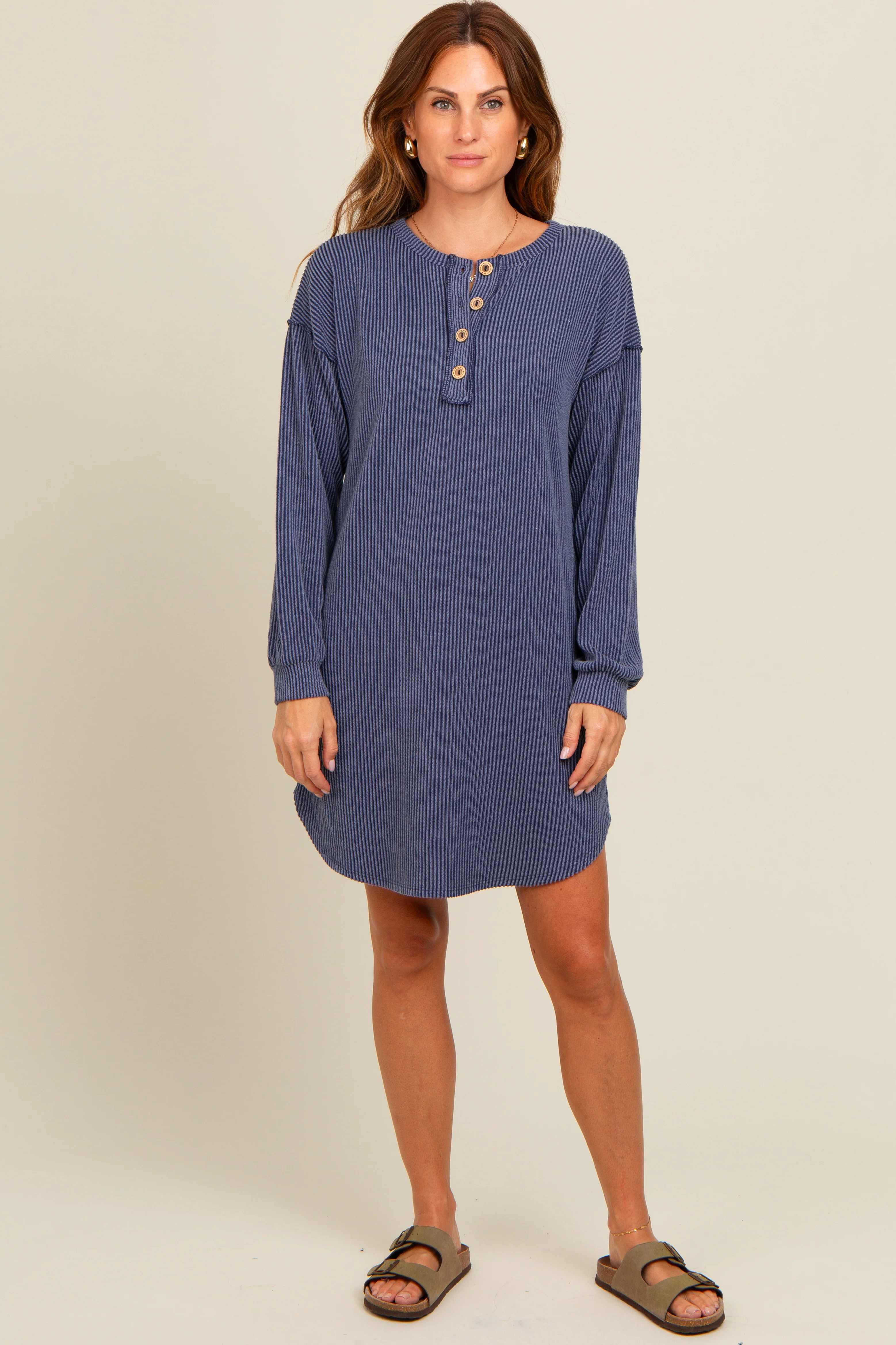 Navy Ribbed Button Accent Maternity Dress - Image 6