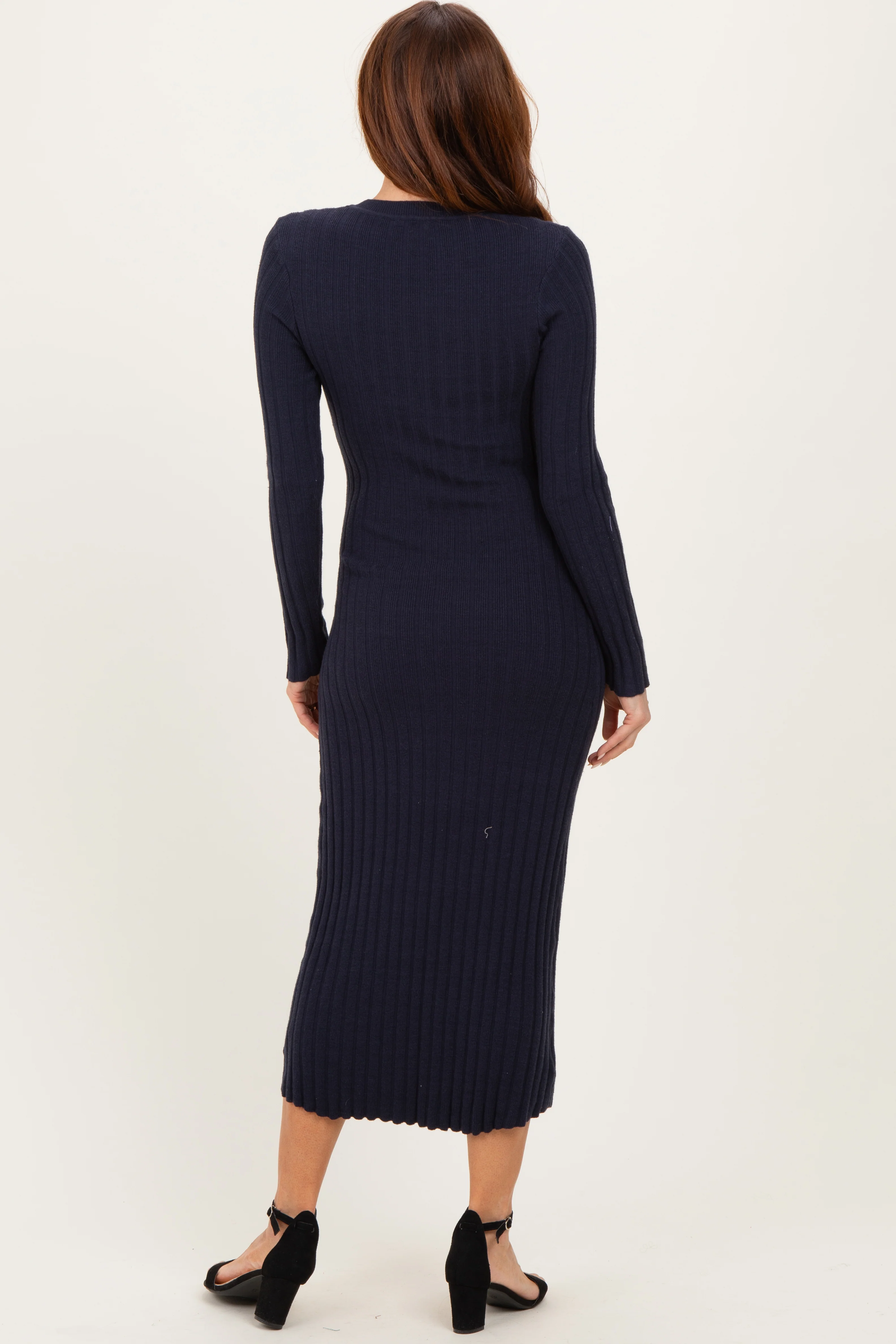 Navy Ribbed Knit Fitted Midi Sweater Dress - Image 4
