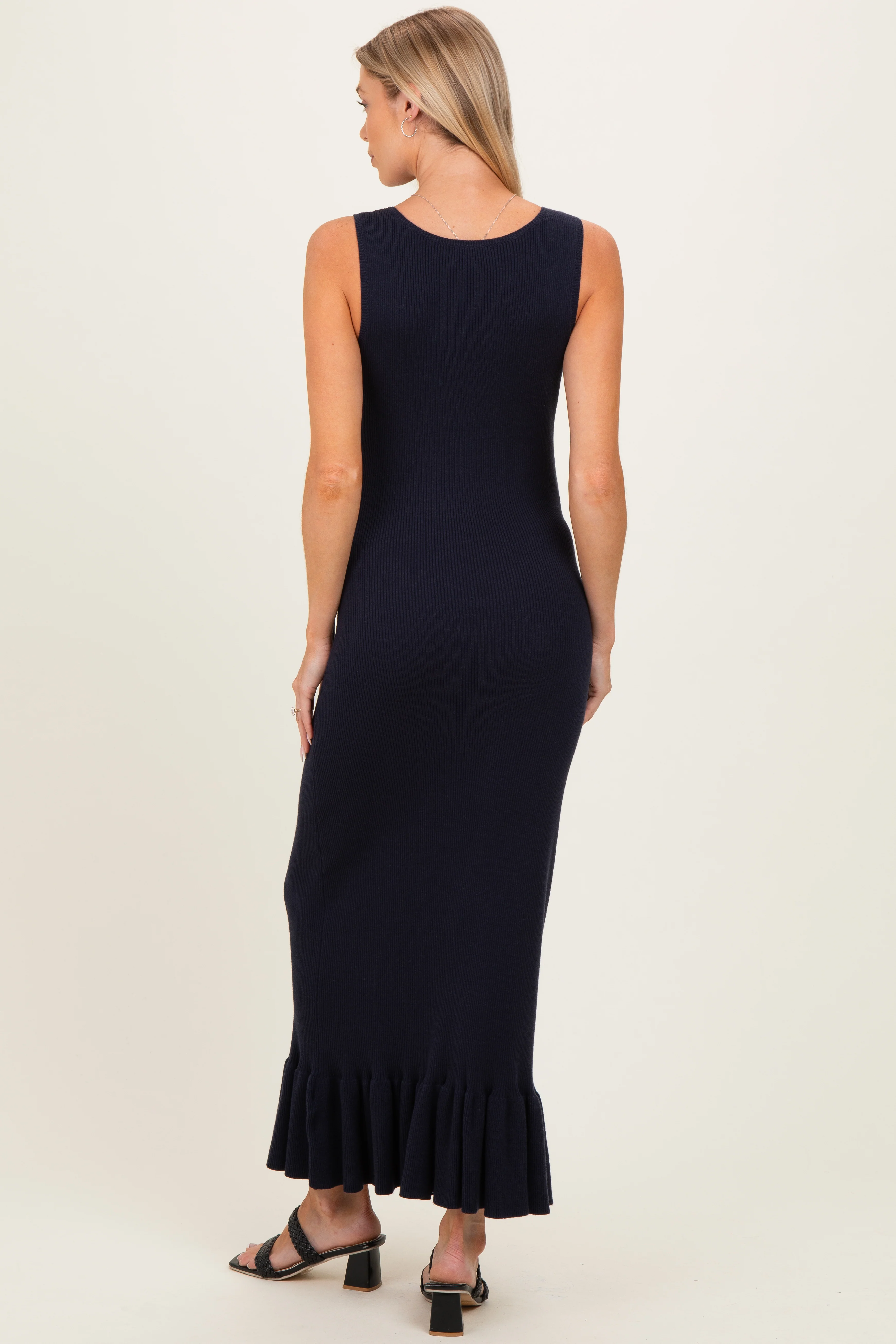 Navy Ribbed Knit Sleeveless Ruffle Hem Maternity Maxi Dress - Image 3