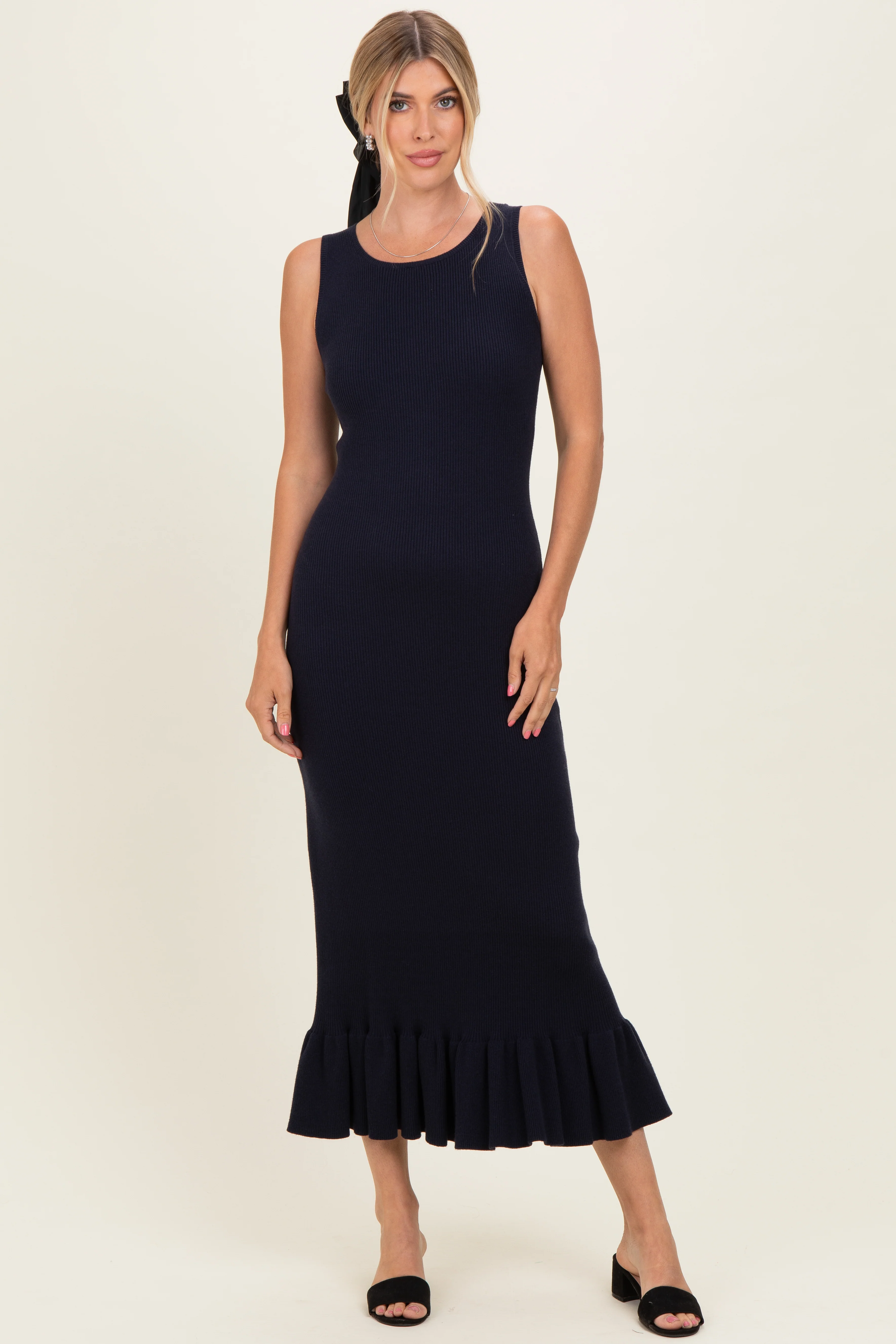 Navy Ribbed Knit Sleeveless Ruffle Hem Maternity Maxi Dress - Image 4
