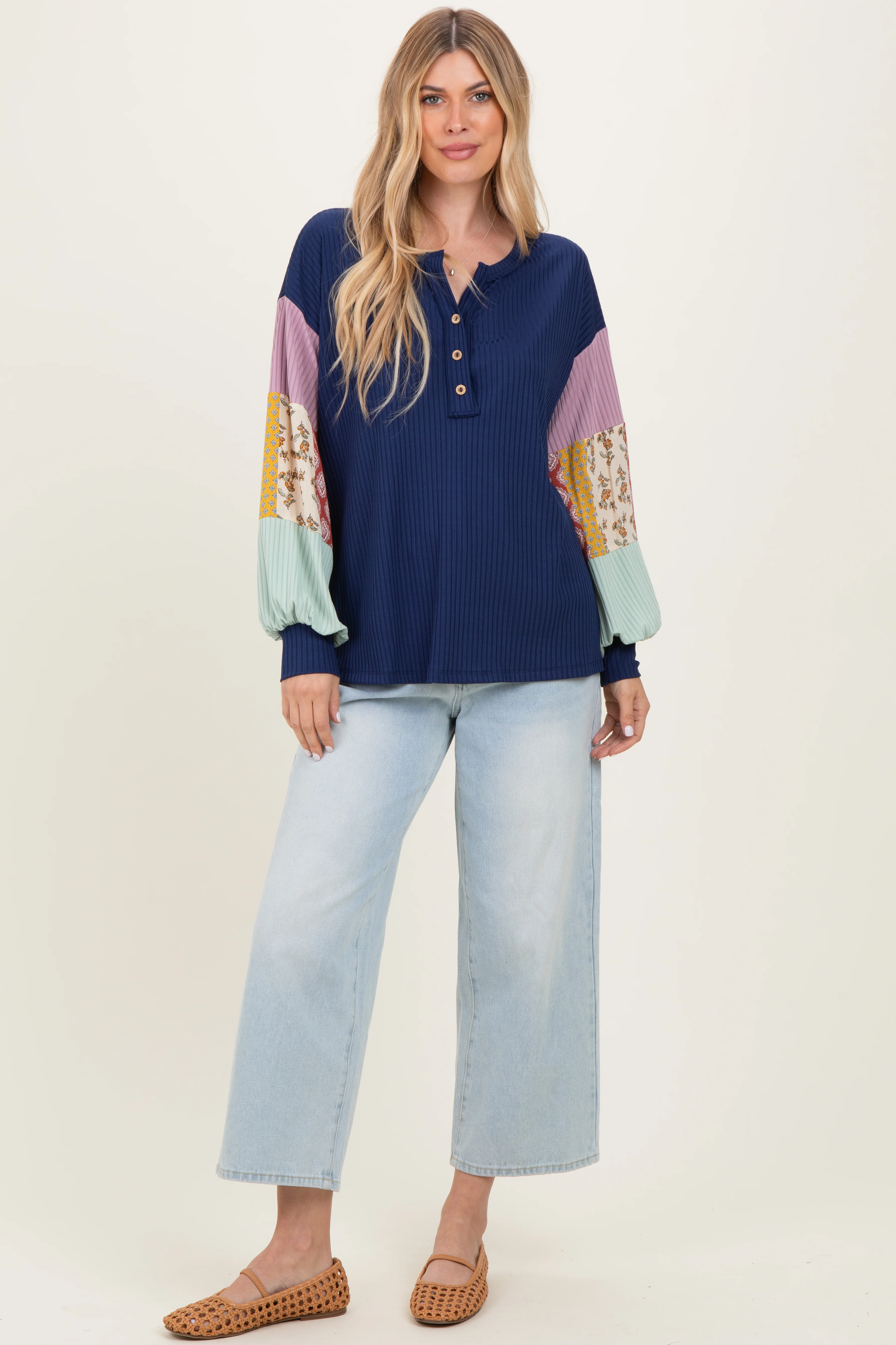 Navy Ribbed Long Sleeve Colorblock Top - Image 2