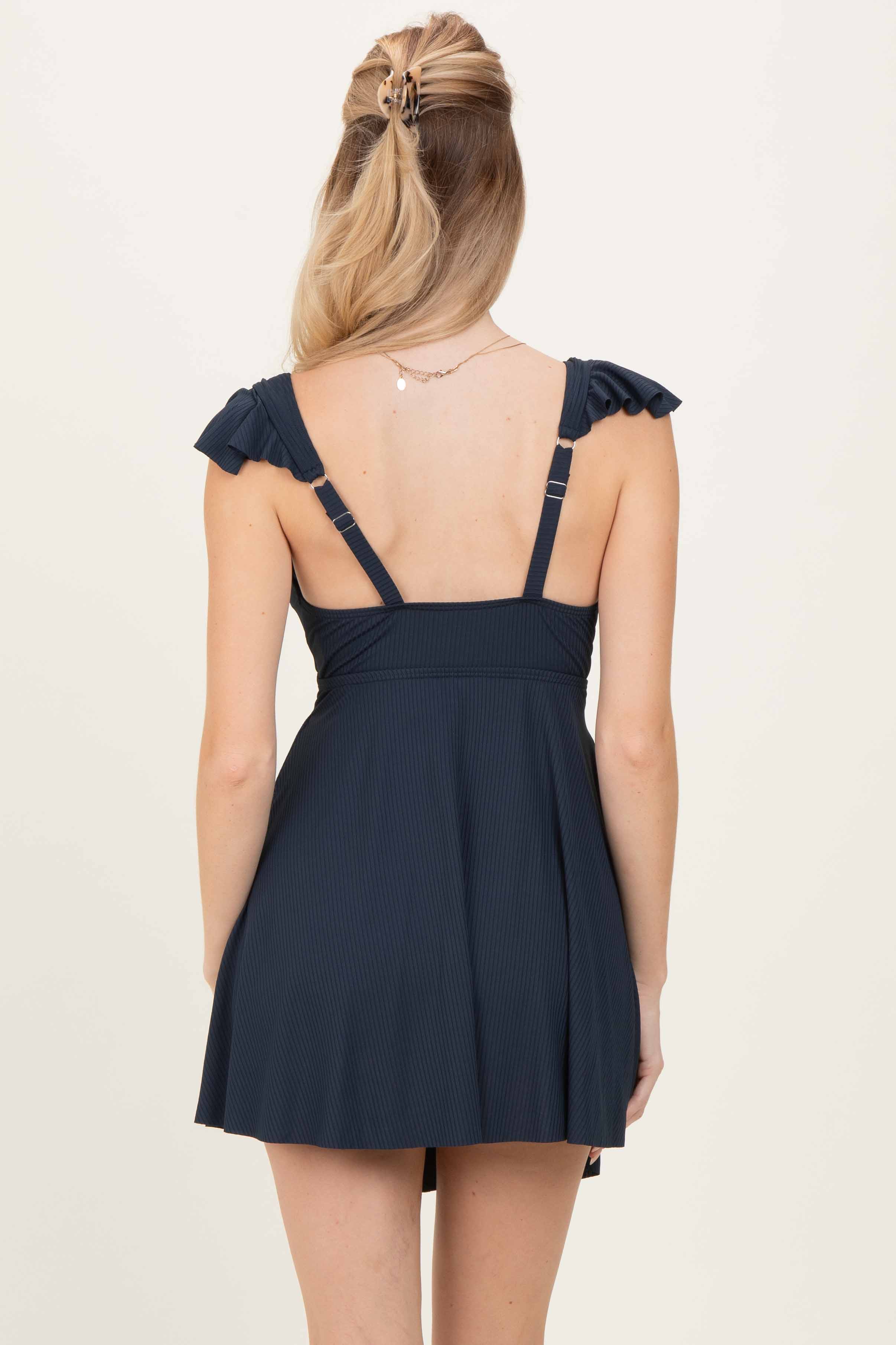 Navy Ribbed Ruffle Twist Front Swim Dress - Image 4