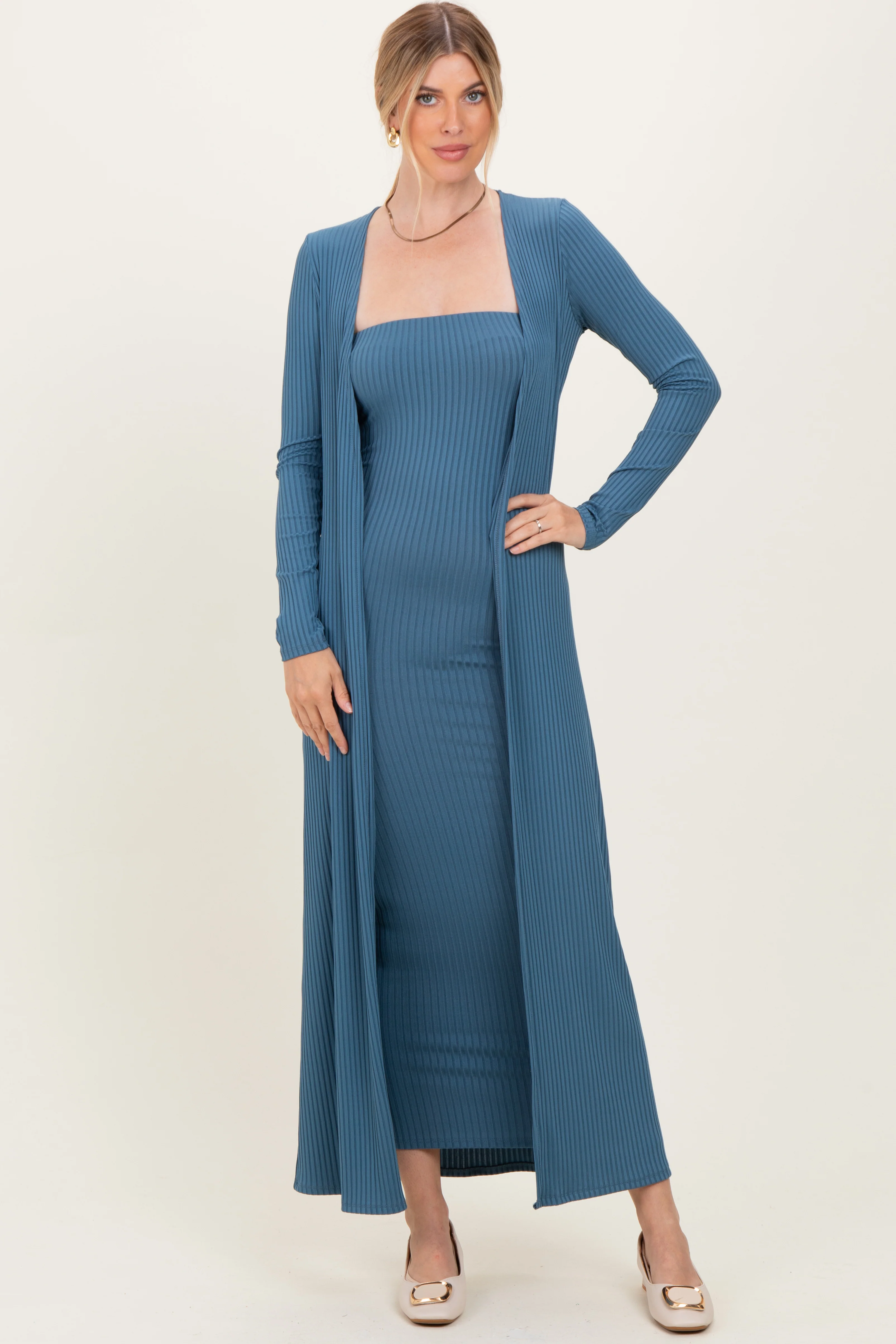 Navy Ribbed Sleeveless Dress Cardigan Set - Image 2