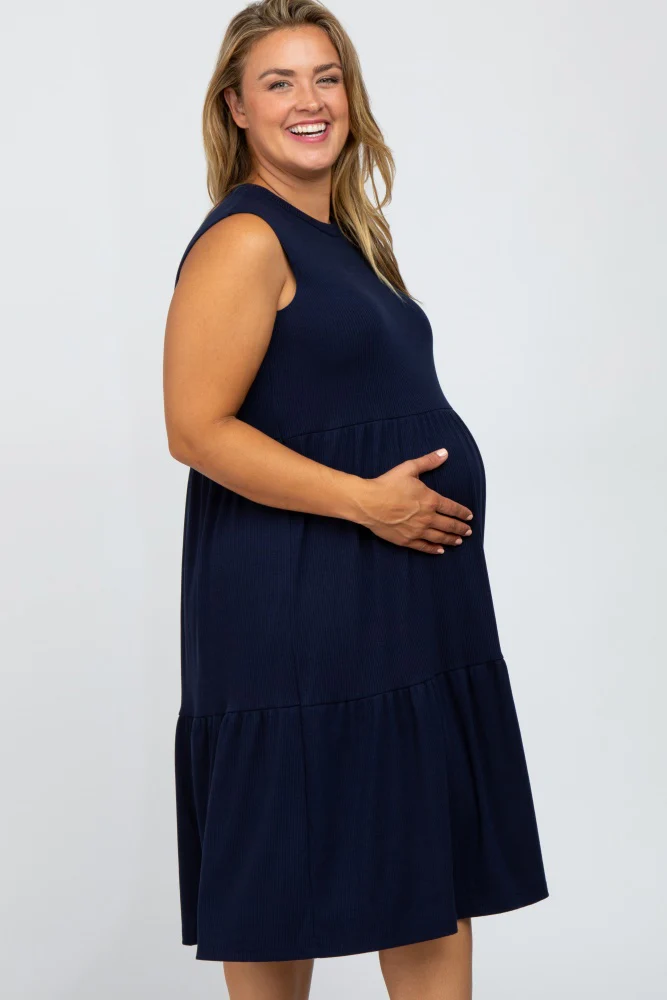 Navy Ribbed Sleeveless Plus Maternity Midi Dress - Image 3