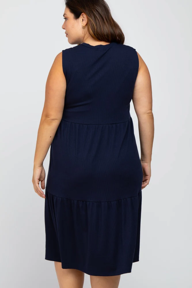 Navy Ribbed Sleeveless Plus Midi Dress - Image 4