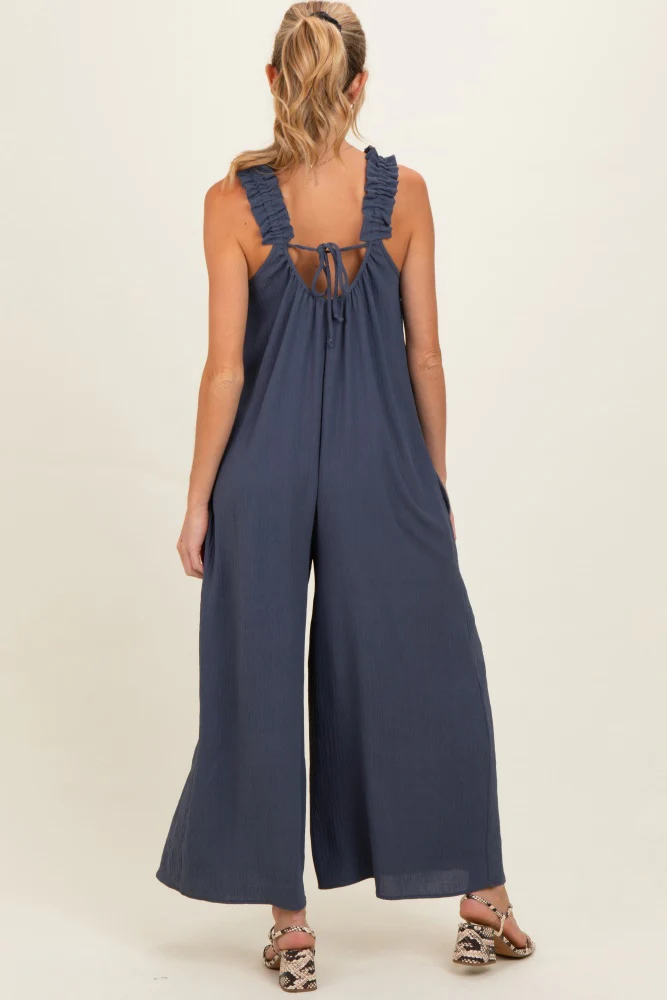 Navy Ruffle Strap Maternity Wide Leg Jumpsuit - Image 3