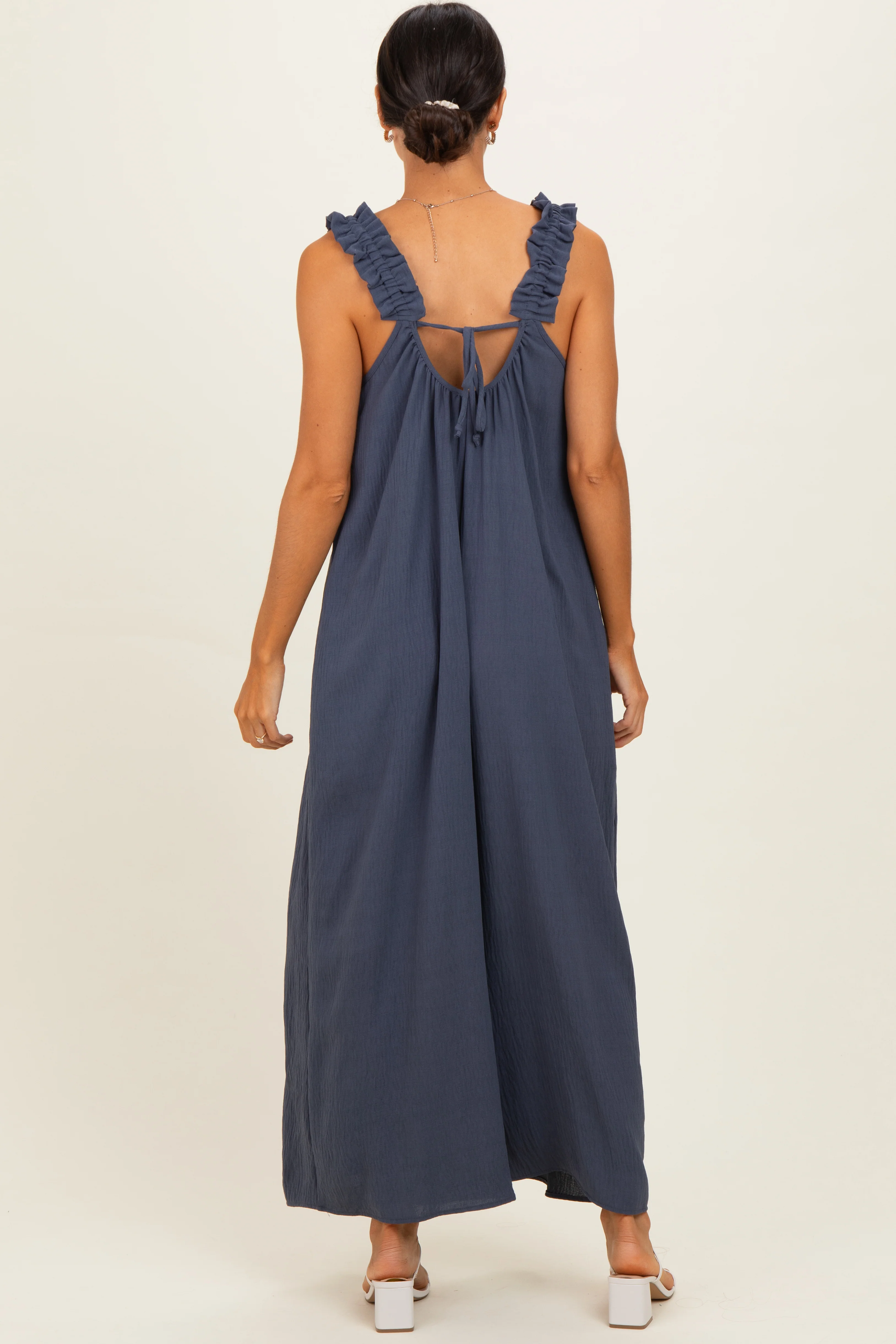 Navy Ruffle Strap Wide Leg Jumpsuit - Image 3