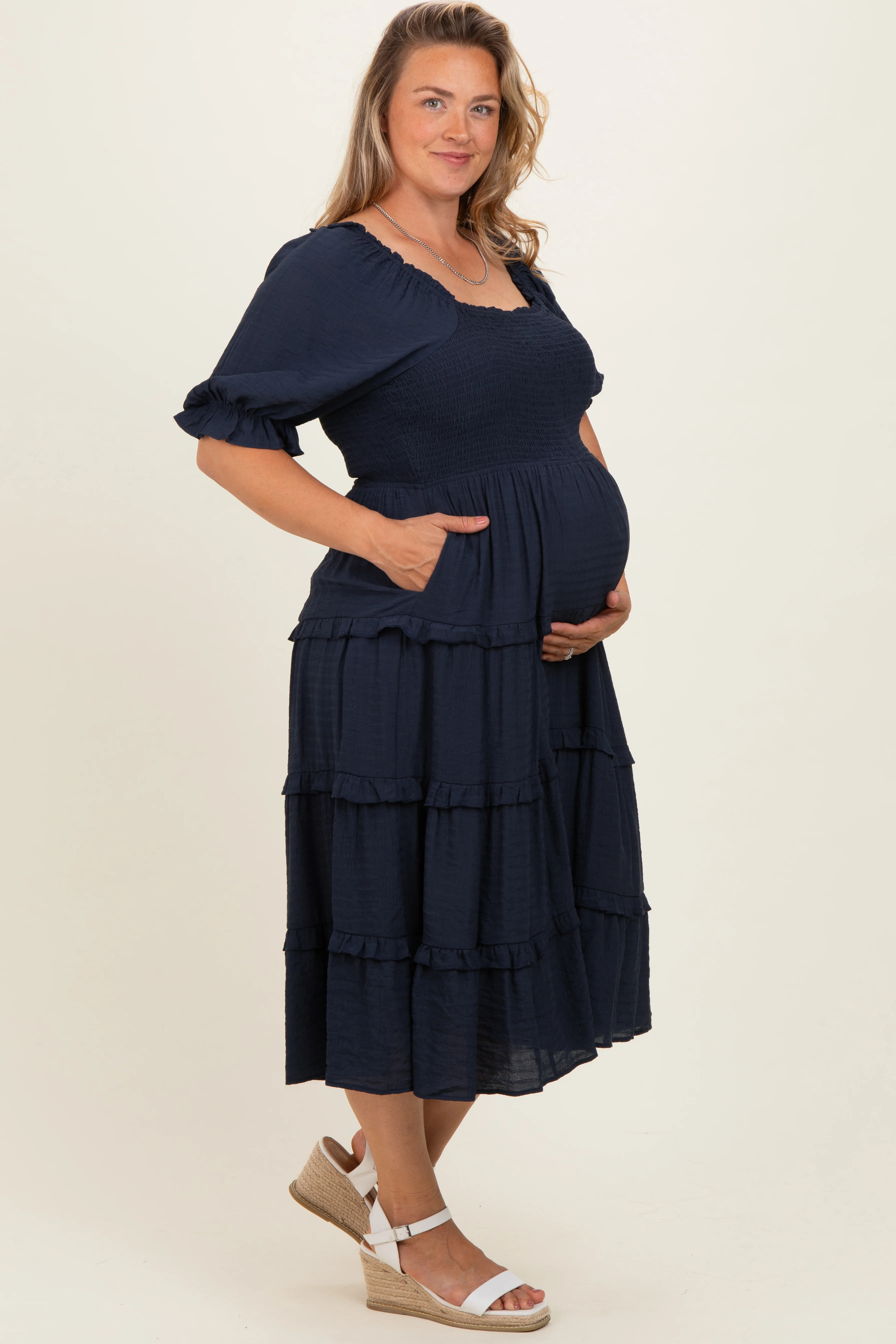 Navy Ruffle Tiered Maternity Plus Midi Dress - Image 3