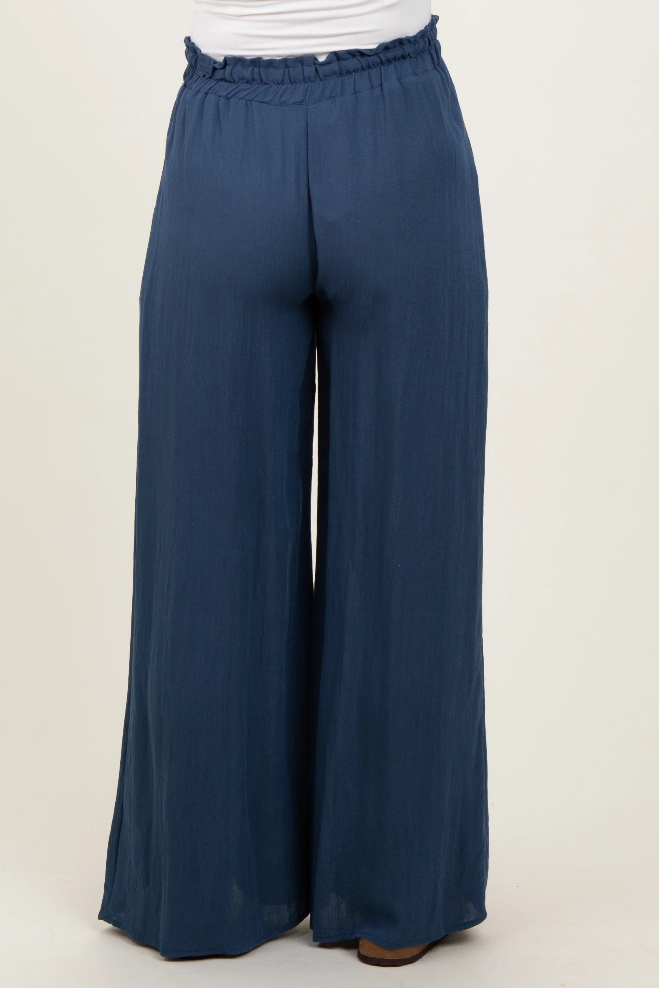 Navy Ruffled Drawstring Waist Wide Leg Maternity Pants - Image 5