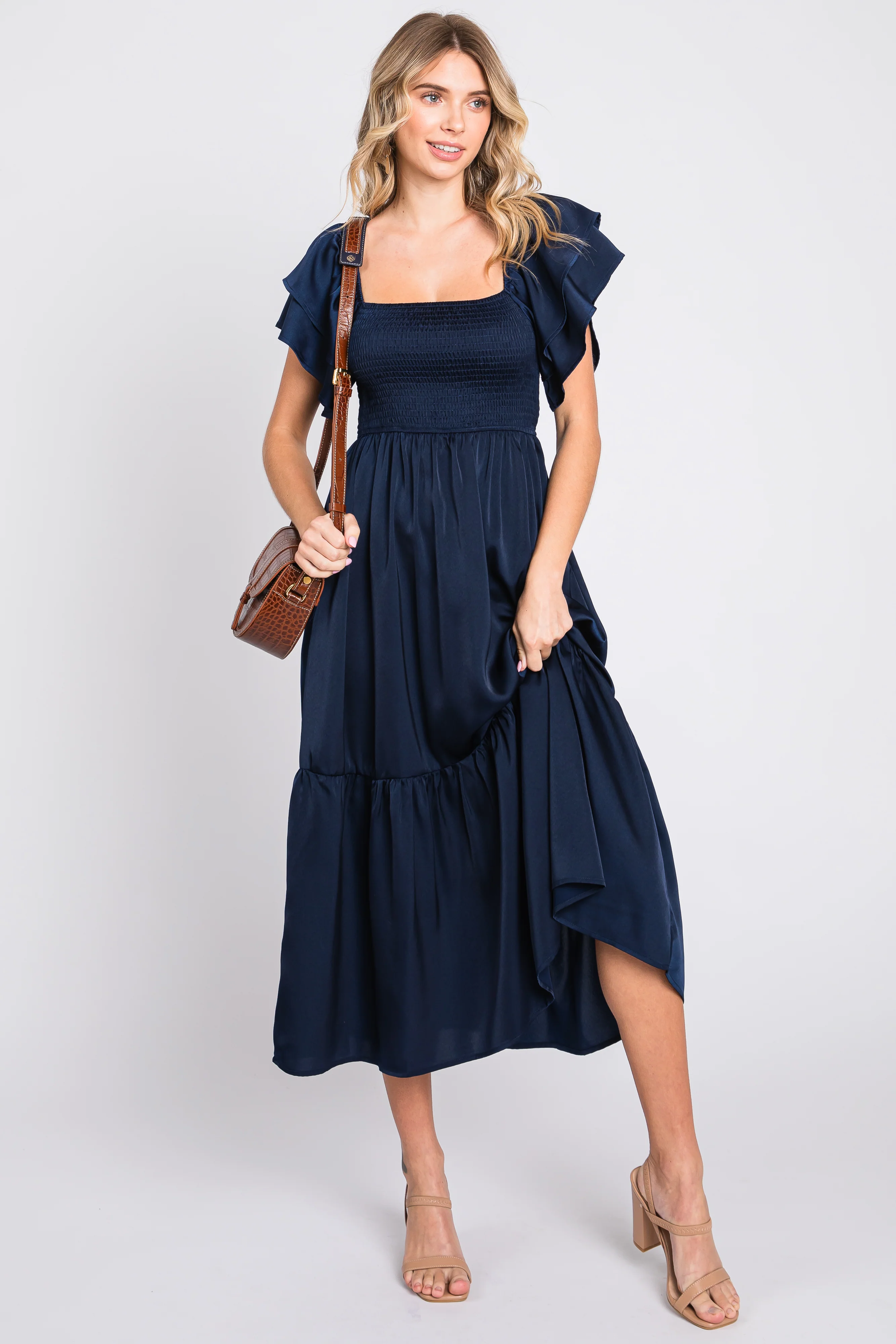 Navy Satin Flutter Sleeve Maternity Midi Dress - Image 5