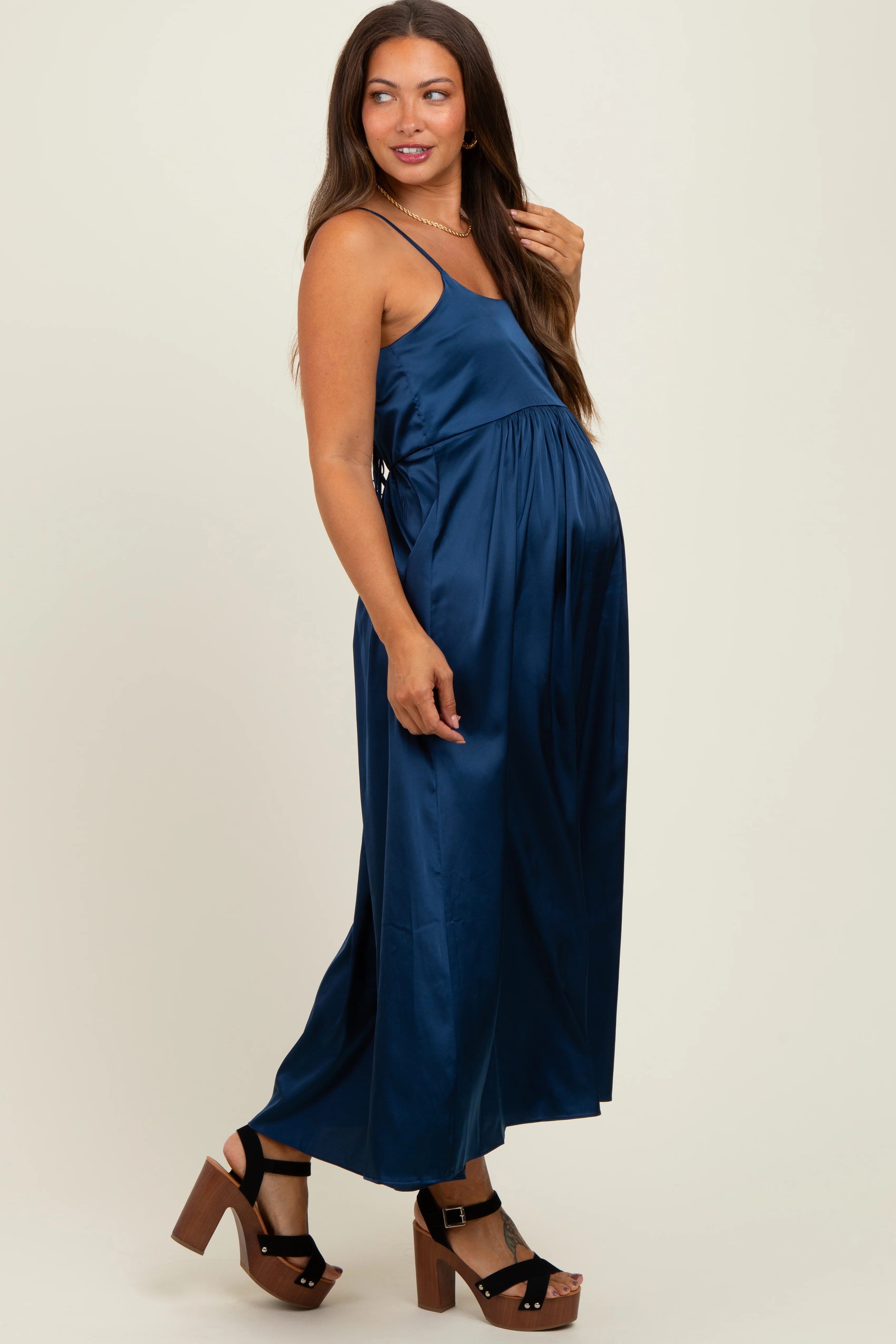 Navy Satin Sleeveless Tie-Back Maternity Midi Dress - Image 3