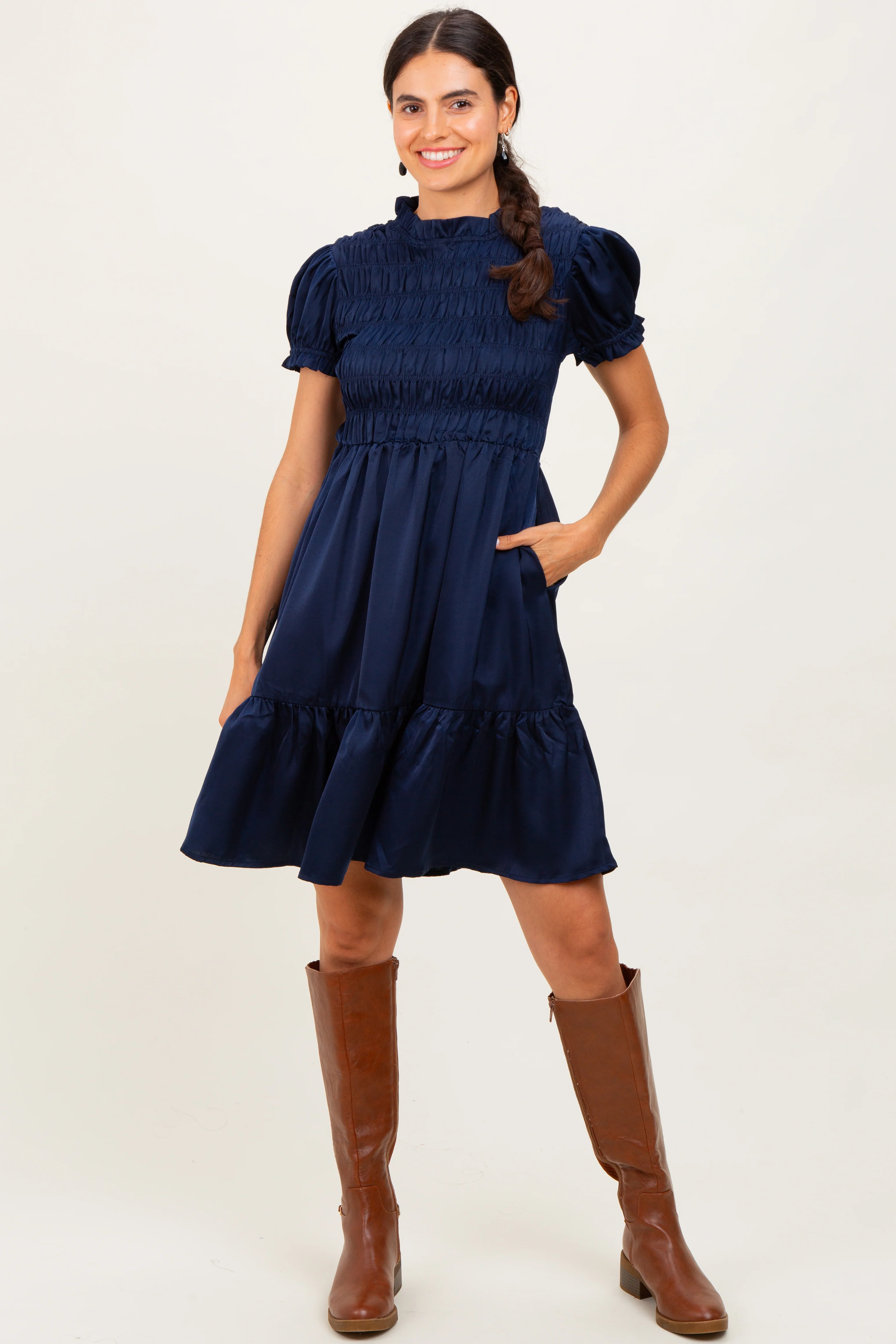 Navy Satin Smocked Mock Neck Maternity Dress - Image 5