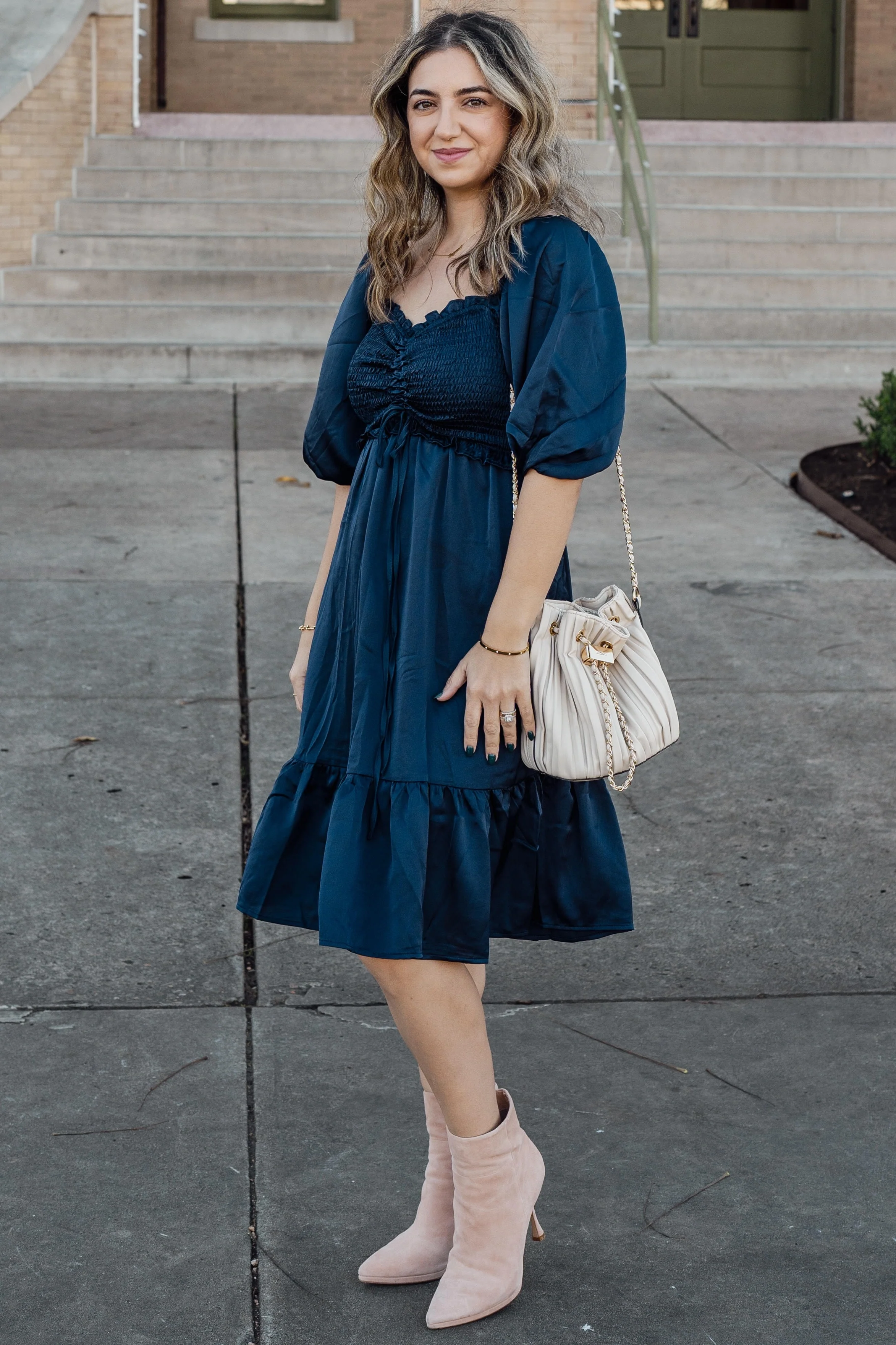 Navy Satin Smocked Ruffle Hem Dress - Image 5