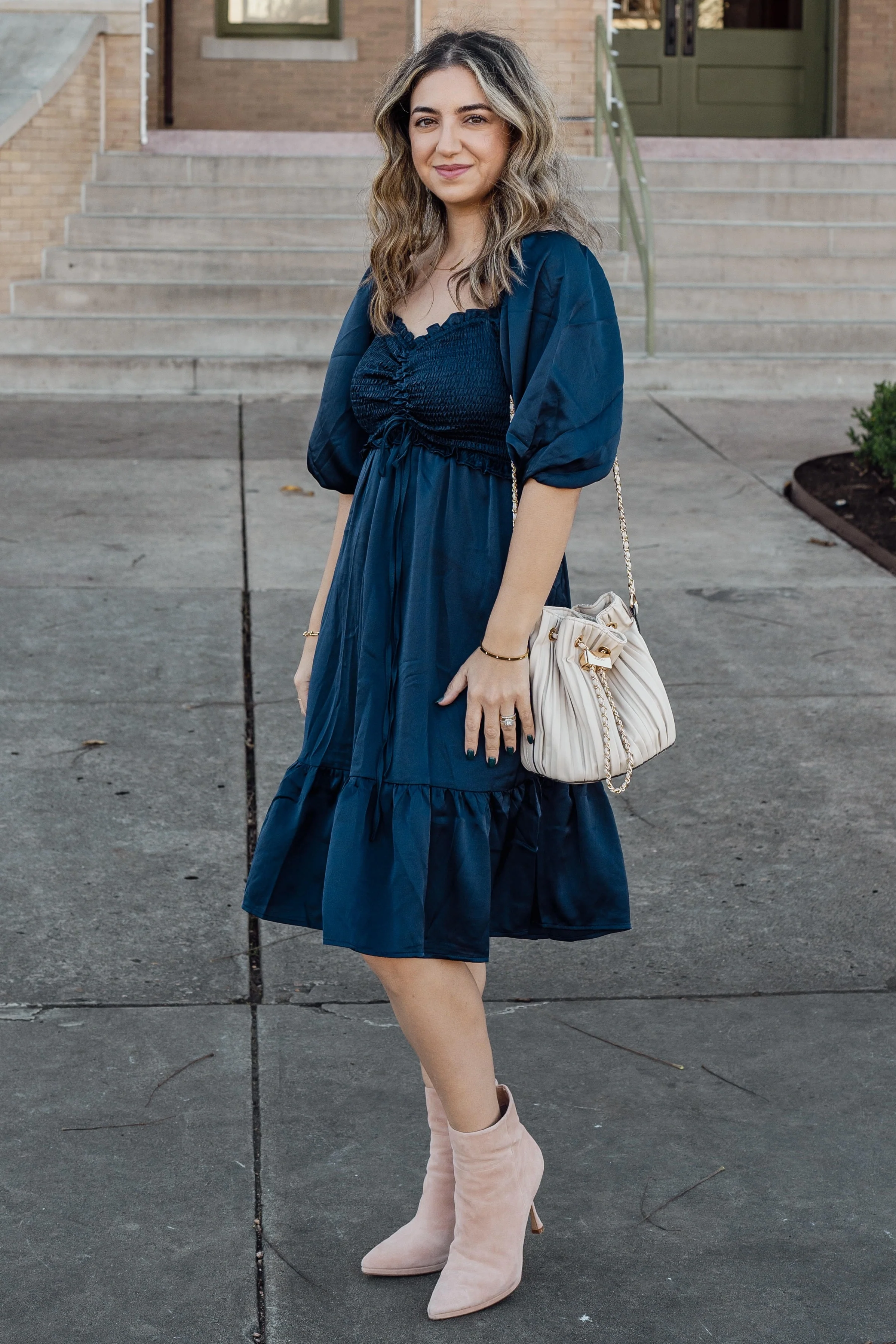 Navy Satin Smocked Ruffle Hem Dress - Image 6