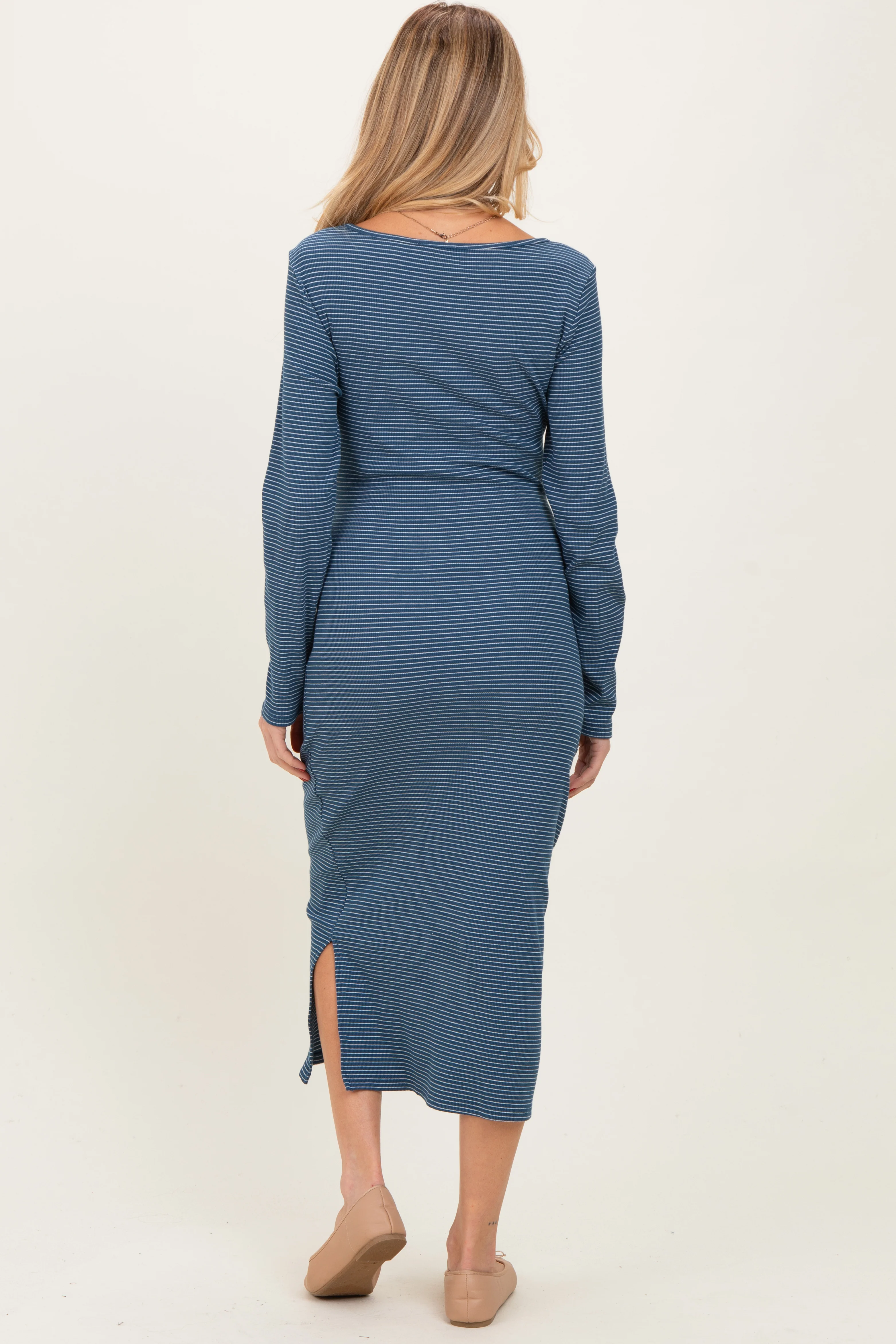 Navy Side Tie Long Sleeve Maternity Midi Dress - Image 3