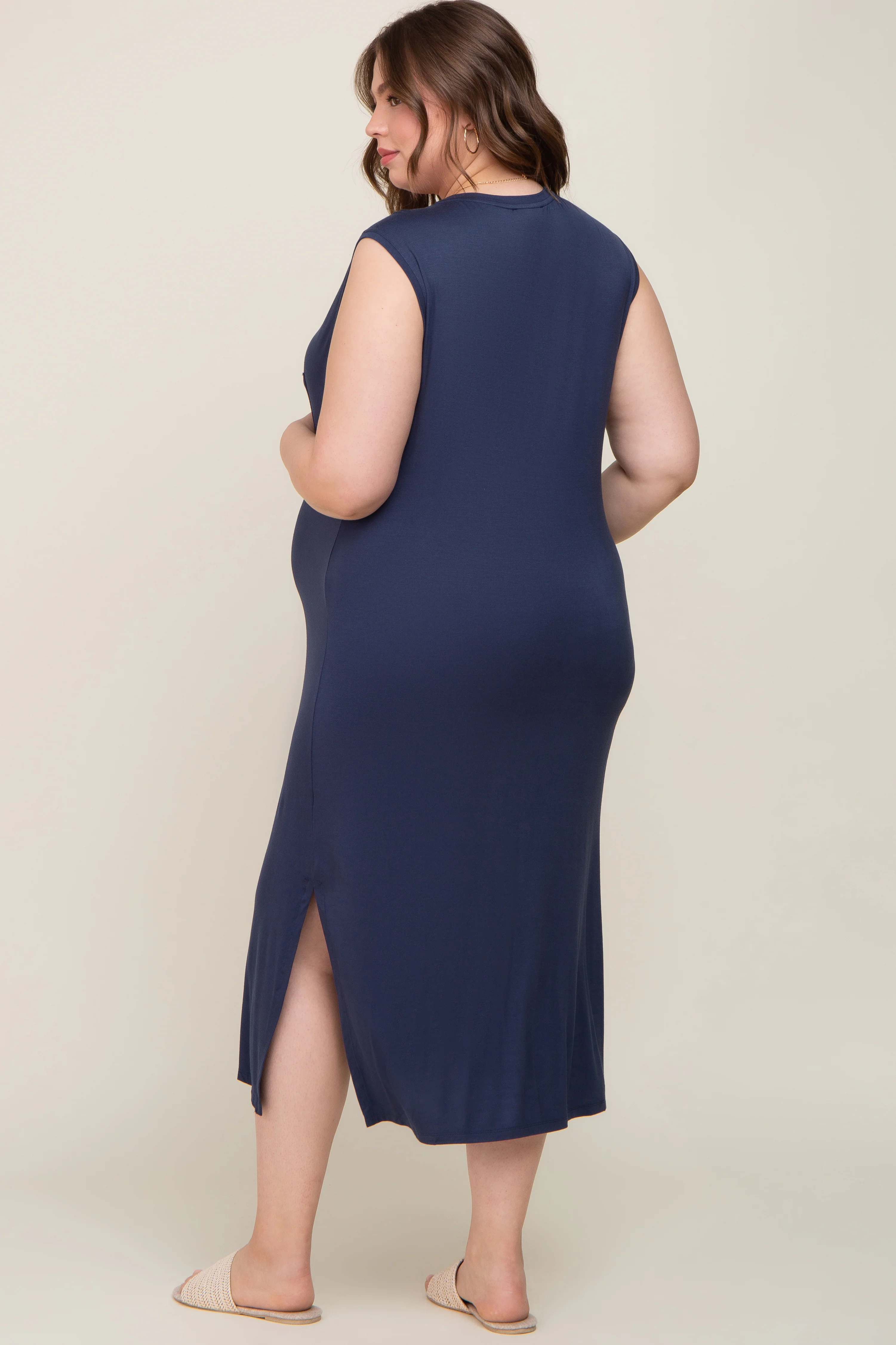 Navy Sleeveless Front Pocket Maternity Plus Midi Dress - Image 3