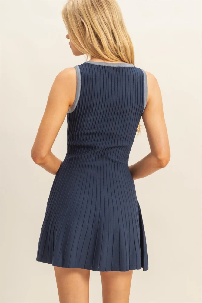 Navy Sleeveless Ribbed Flare Dress - Image 3