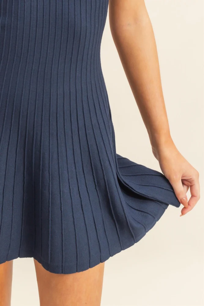 Navy Sleeveless Ribbed Flare Dress - Image 5