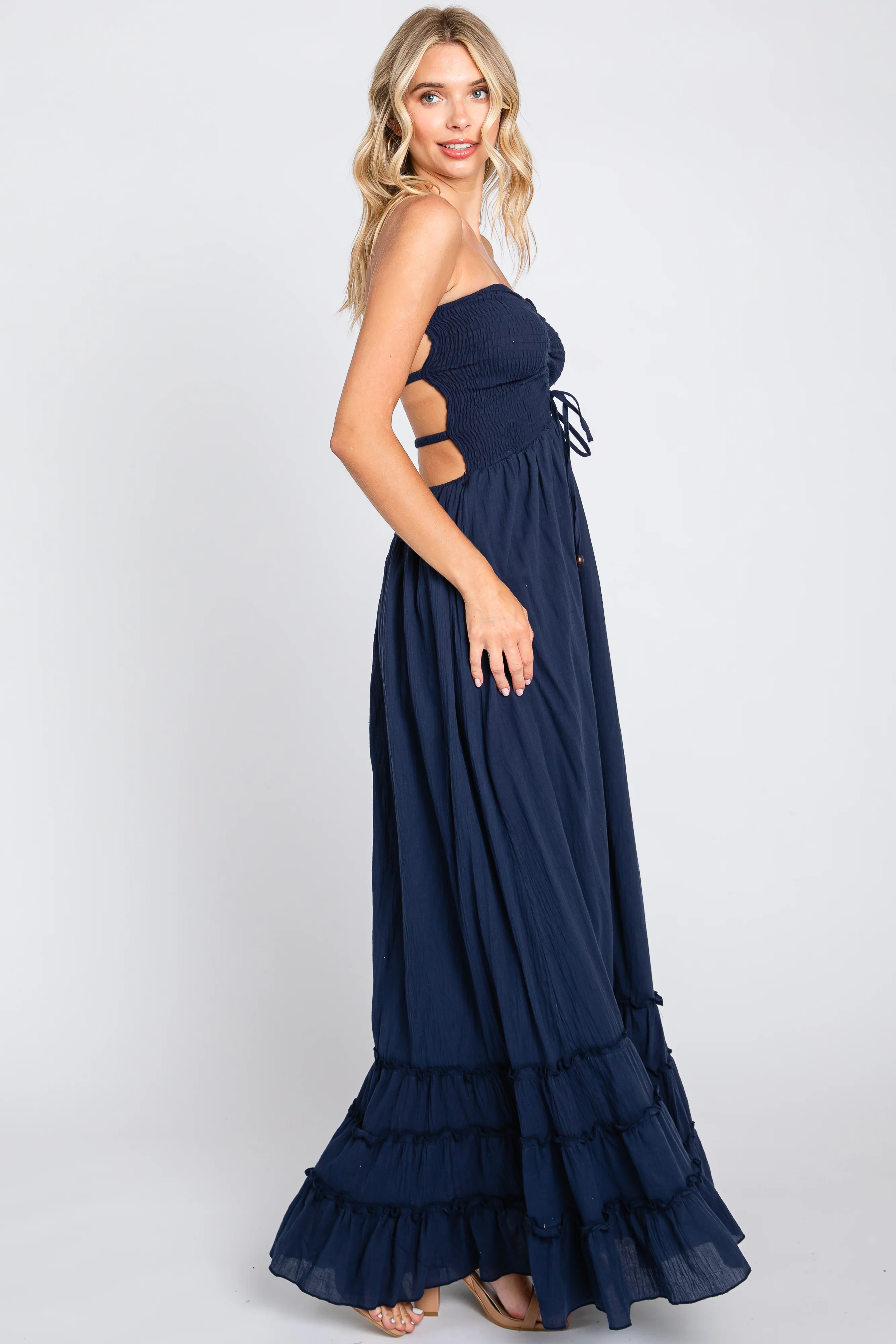 Navy Smocked Cutout Back Maxi Dress - Image 2